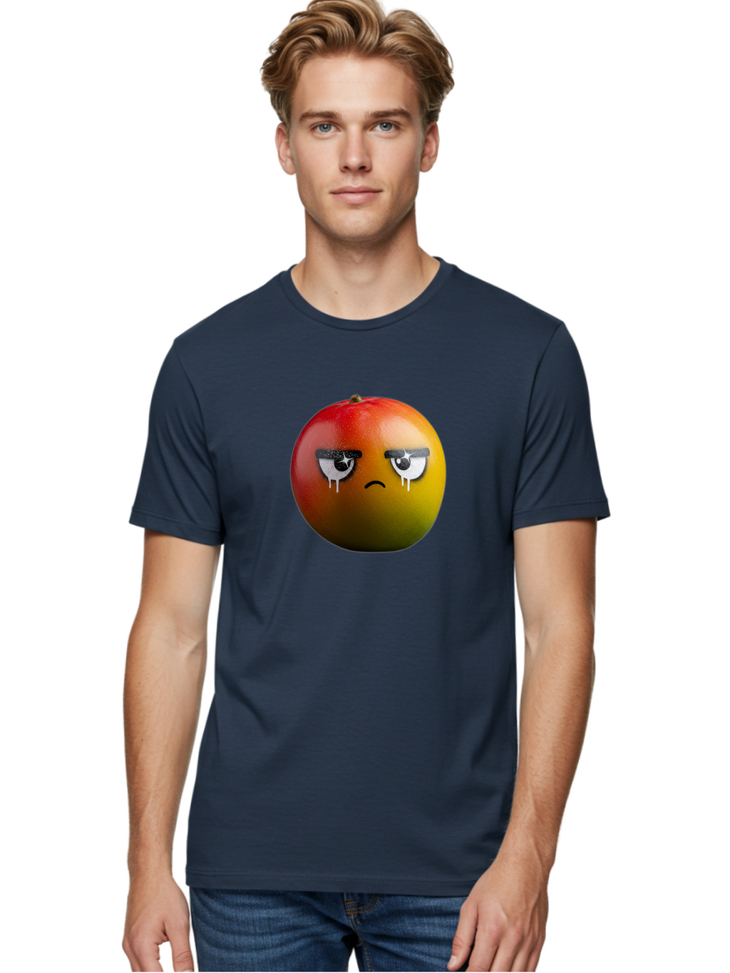Crying-Mango-1 Men'S Graphic Tee, 100% Cotton, Comfortable Casual Summer Wear, Machine Washable, Mango With Sad Face, Crying Fruit, Distressed Expression, Emotional Fruit, Vibrant Colors, Artistic Design, Creative Illustration, Digital Art, Bab826