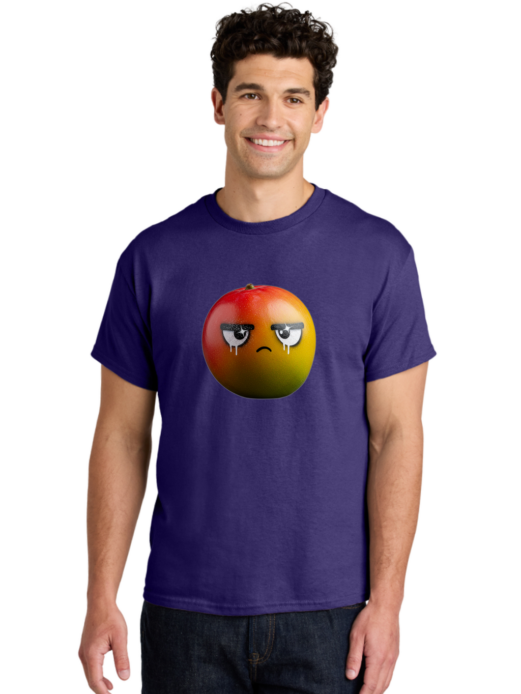 Crying-Mango-1 Men'S Graphic Tee, 100% Cotton, Comfortable Casual Summer Wear, Machine Washable, Mango With Sad Face, Crying Fruit, Distressed Expression, Emotional Fruit, Vibrant Colors, Artistic Design, Creative Illustration, Digital Art, Bab826