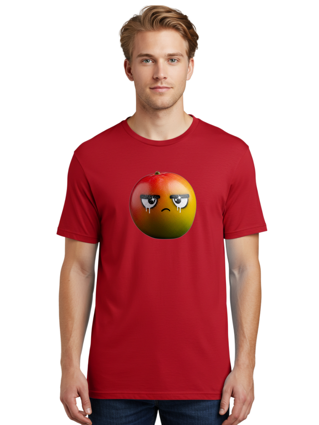 Crying-Mango-1 Men'S Graphic Tee, 100% Cotton, Comfortable Casual Summer Wear, Machine Washable, Mango With Sad Face, Crying Fruit, Distressed Expression, Emotional Fruit, Vibrant Colors, Artistic Design, Creative Illustration, Digital Art, Bab826