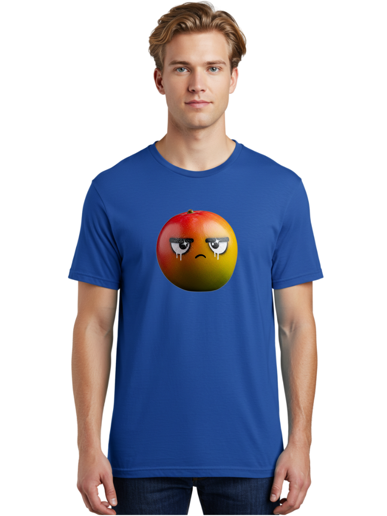 Crying-Mango-1 Men'S Graphic Tee, 100% Cotton, Comfortable Casual Summer Wear, Machine Washable, Mango With Sad Face, Crying Fruit, Distressed Expression, Emotional Fruit, Vibrant Colors, Artistic Design, Creative Illustration, Digital Art, Bab826