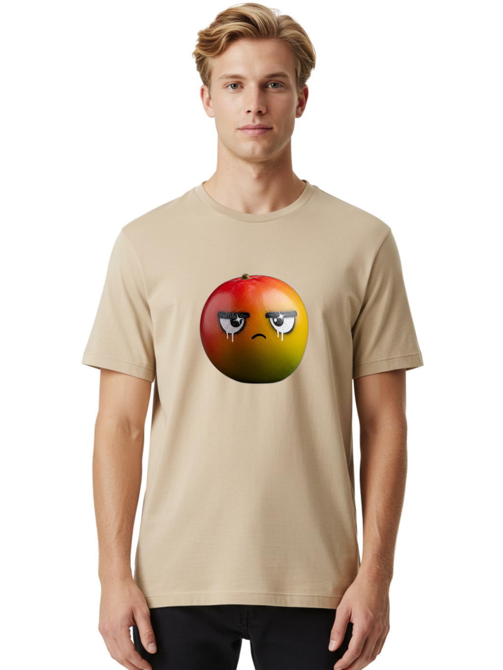 Crying-Mango-1 Men'S Graphic Tee, 100% Cotton, Comfortable Casual Summer Wear, Machine Washable, Mango With Sad Face, Crying Fruit, Distressed Expression, Emotional Fruit, Vibrant Colors, Artistic Design, Creative Illustration, Digital Art, Bab826