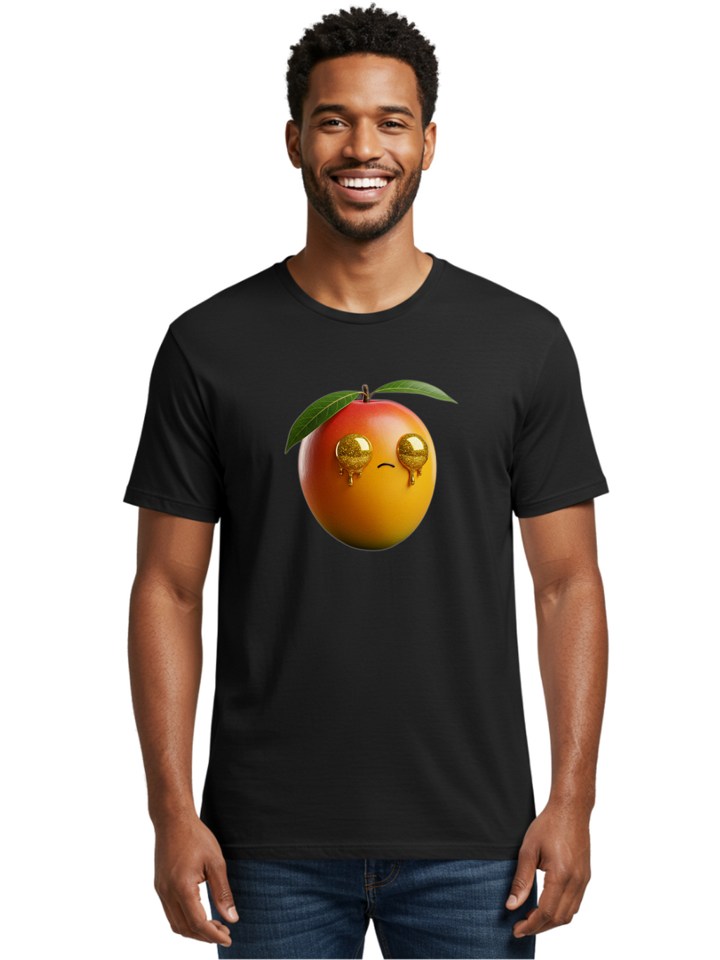 Crying-Mango Men'S Graphic Tee, 100% Cotton, Comfortable Casual Summer Wear, Machine Washable, Peach Fruit, Cartoon Character, Sad Face, Glossy Eyes, Vibrant Colors, Digital Art, Emotive Expression, Funny Fruit Bab827