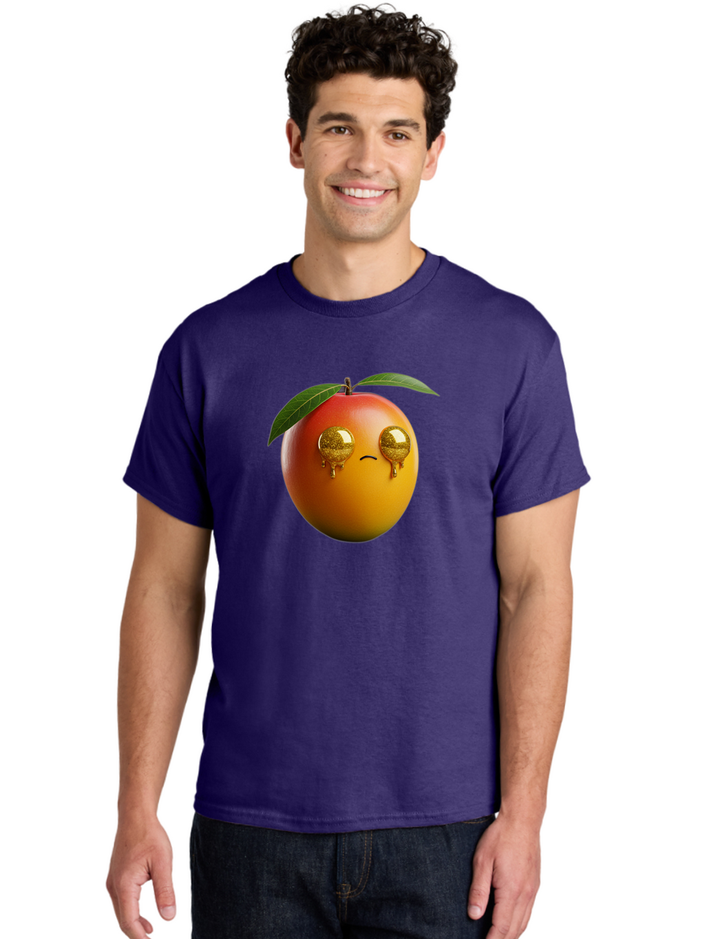 Crying-Mango Men'S Graphic Tee, 100% Cotton, Comfortable Casual Summer Wear, Machine Washable, Peach Fruit, Cartoon Character, Sad Face, Glossy Eyes, Vibrant Colors, Digital Art, Emotive Expression, Funny Fruit Bab827