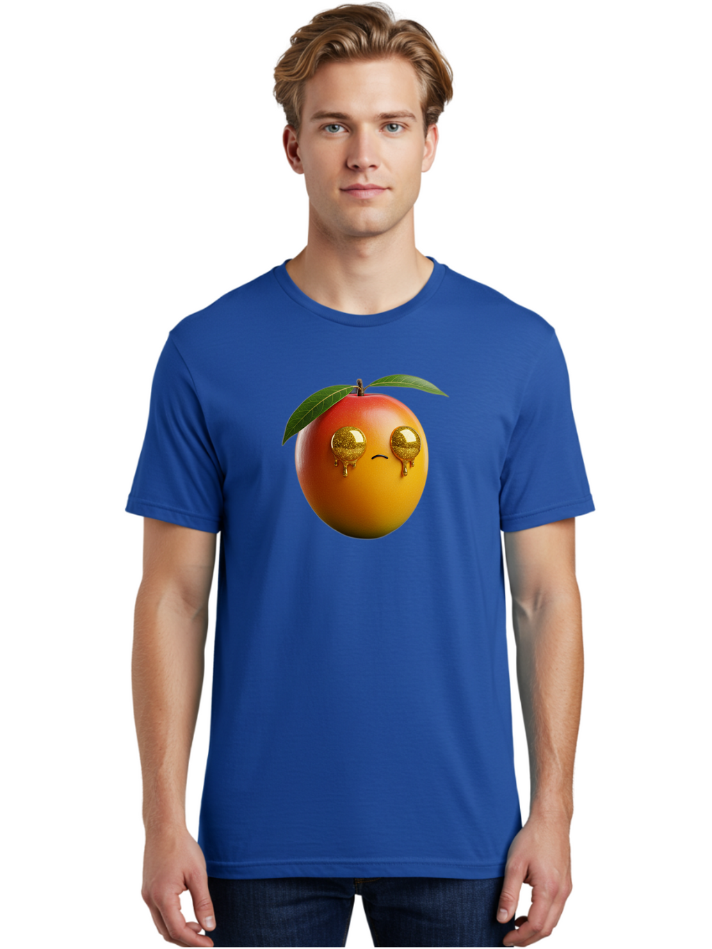 Crying-Mango Men'S Graphic Tee, 100% Cotton, Comfortable Casual Summer Wear, Machine Washable, Peach Fruit, Cartoon Character, Sad Face, Glossy Eyes, Vibrant Colors, Digital Art, Emotive Expression, Funny Fruit Bab827
