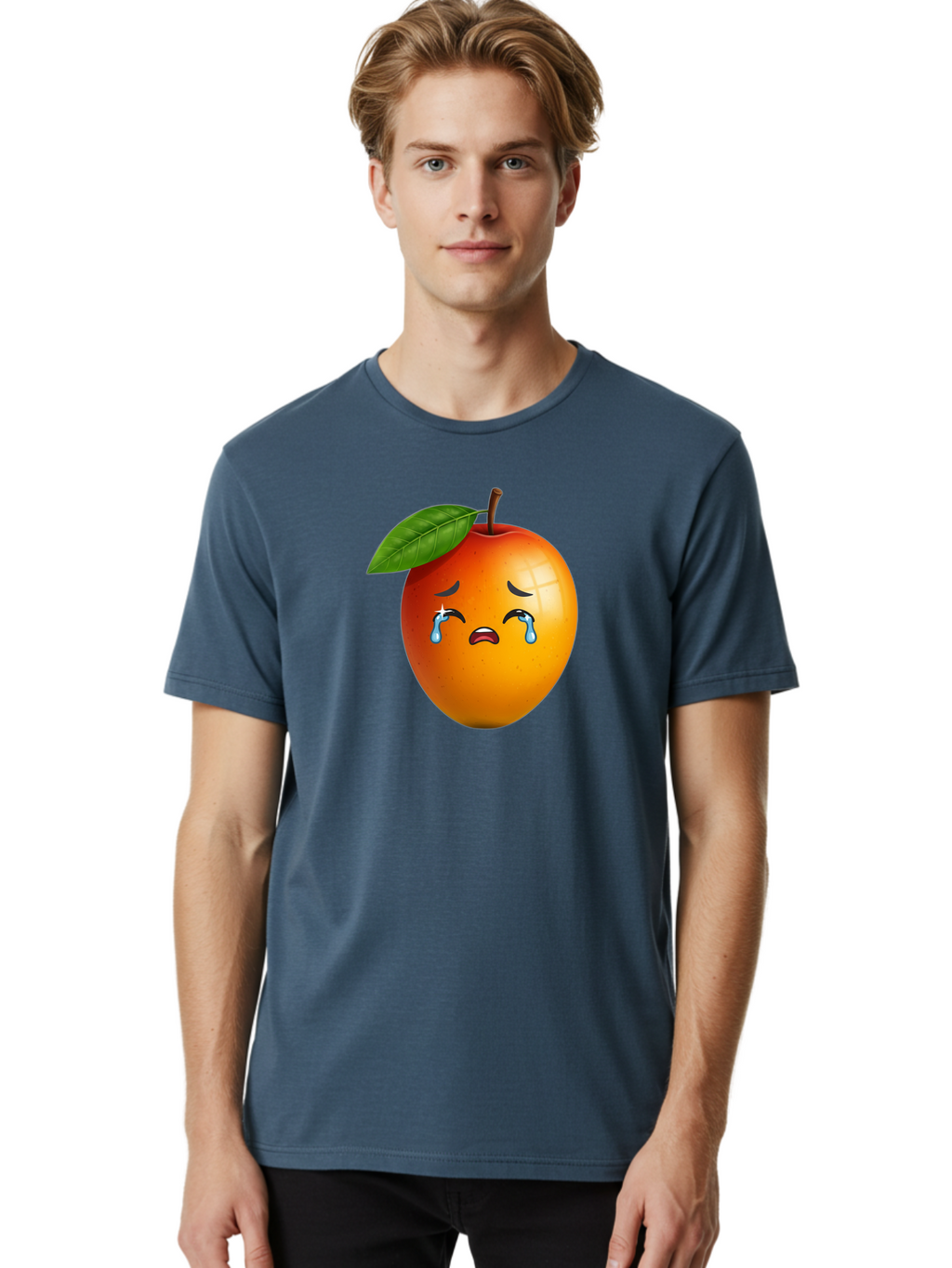 Crying-Peach Men'S Graphic Tee, 100% Cotton, Comfortable Casual Summer Wear, Machine Washable, Peach Fruit, Crying Face, Sad Expression, Tears, Sorrowful Emoji, Fruit Emoji, Emotional Face, Crying Peach, Peach With Tears Bab828