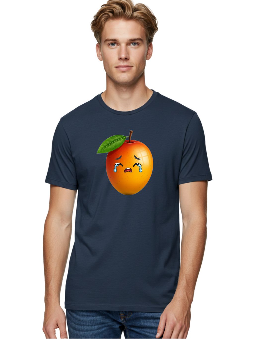 Crying-Peach Men'S Graphic Tee, 100% Cotton, Comfortable Casual Summer Wear, Machine Washable, Peach Fruit, Crying Face, Sad Expression, Tears, Sorrowful Emoji, Fruit Emoji, Emotional Face, Crying Peach, Peach With Tears Bab828