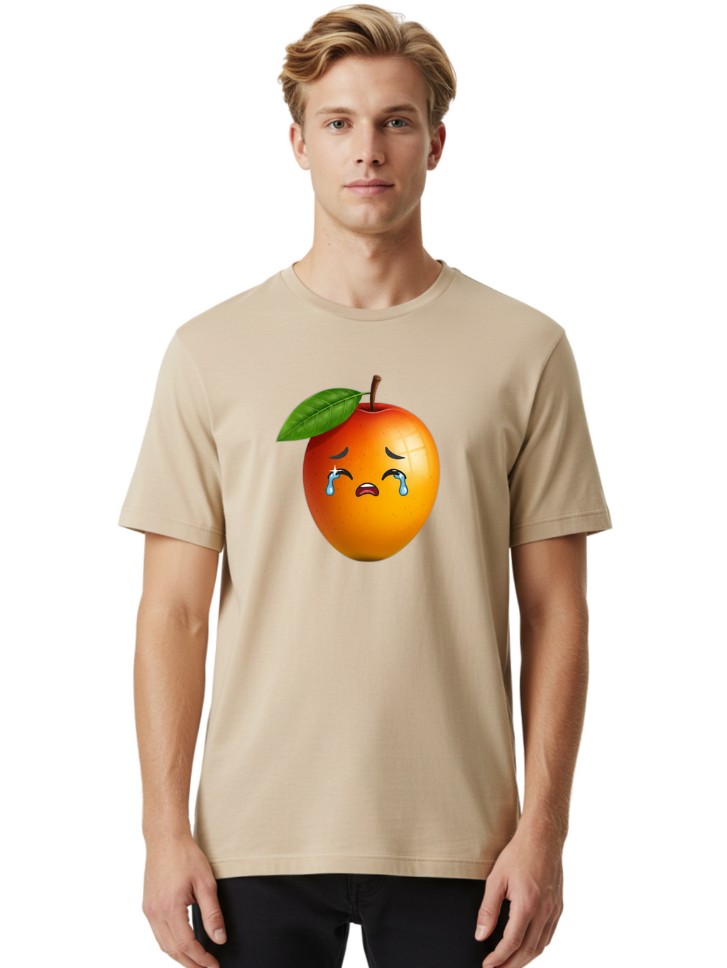 Crying-Peach Men'S Graphic Tee, 100% Cotton, Comfortable Casual Summer Wear, Machine Washable, Peach Fruit, Crying Face, Sad Expression, Tears, Sorrowful Emoji, Fruit Emoji, Emotional Face, Crying Peach, Peach With Tears Bab828