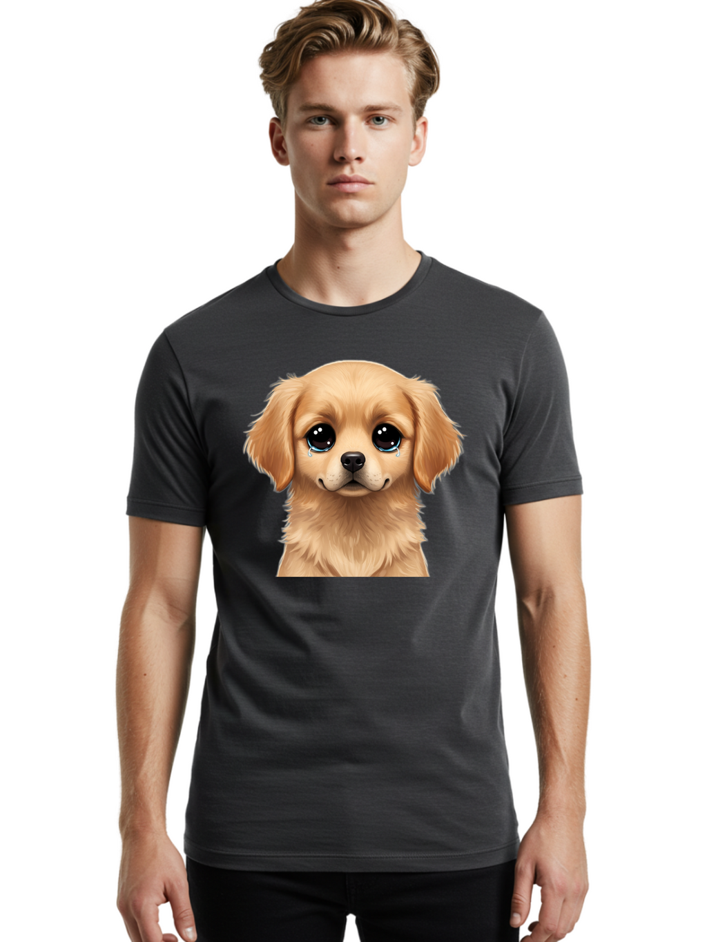 Crying-Puppy Men'S Graphic Tee, 100% Cotton, Comfortable Casual Summer Wear, Machine Washable, Sad Puppy, Crying Dog, Puppy Face, Sad Eyes, Dog Tears, Sorrowful Puppy, Adorable Puppy, Cute Dog, Dog Emotions Bab830