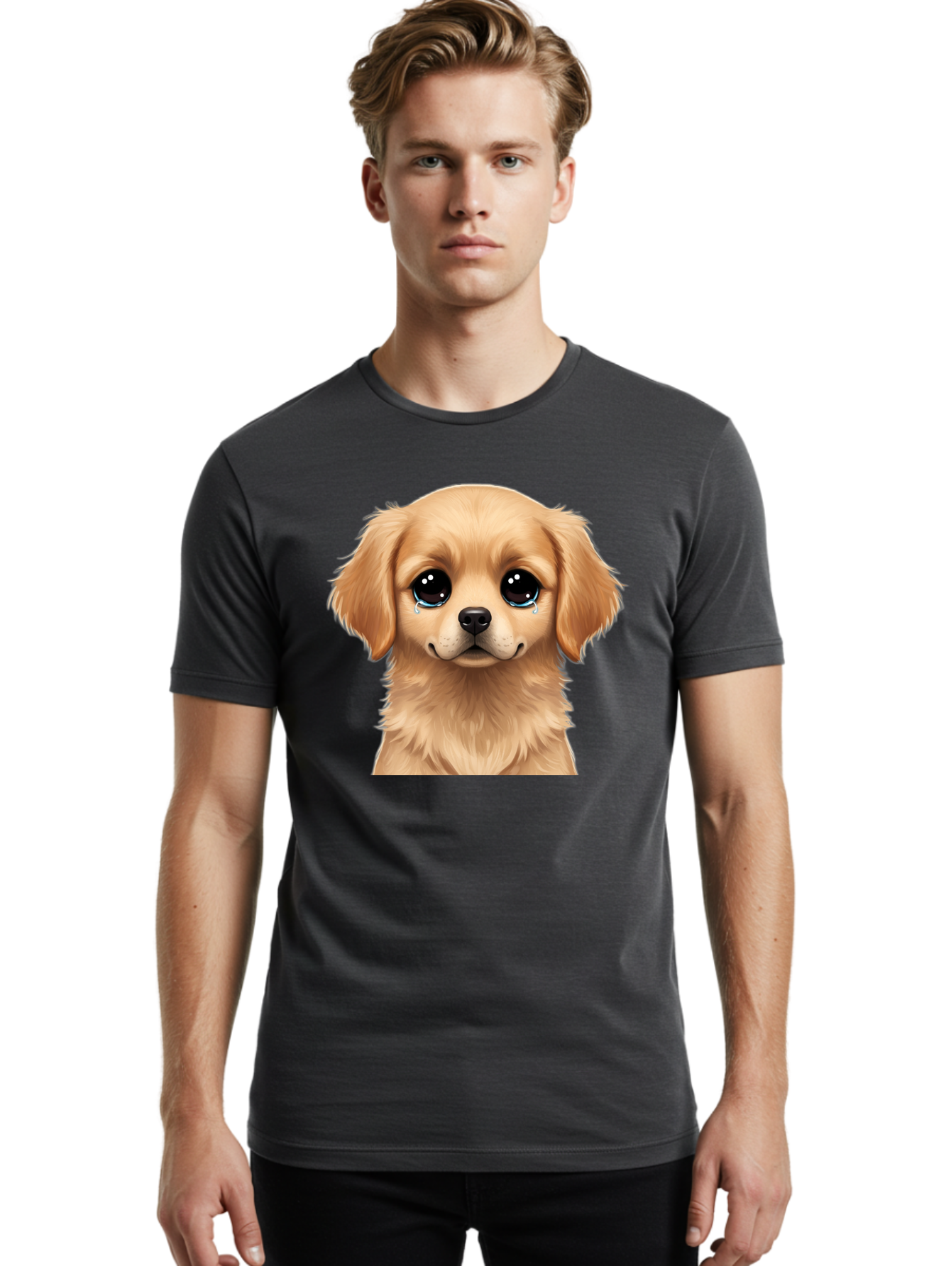 Crying-Puppy Men'S Graphic Tee, 100% Cotton, Comfortable Casual Summer Wear, Machine Washable, Sad Puppy, Crying Dog, Puppy Face, Sad Eyes, Dog Tears, Sorrowful Puppy, Adorable Puppy, Cute Dog, Dog Emotions Bab830