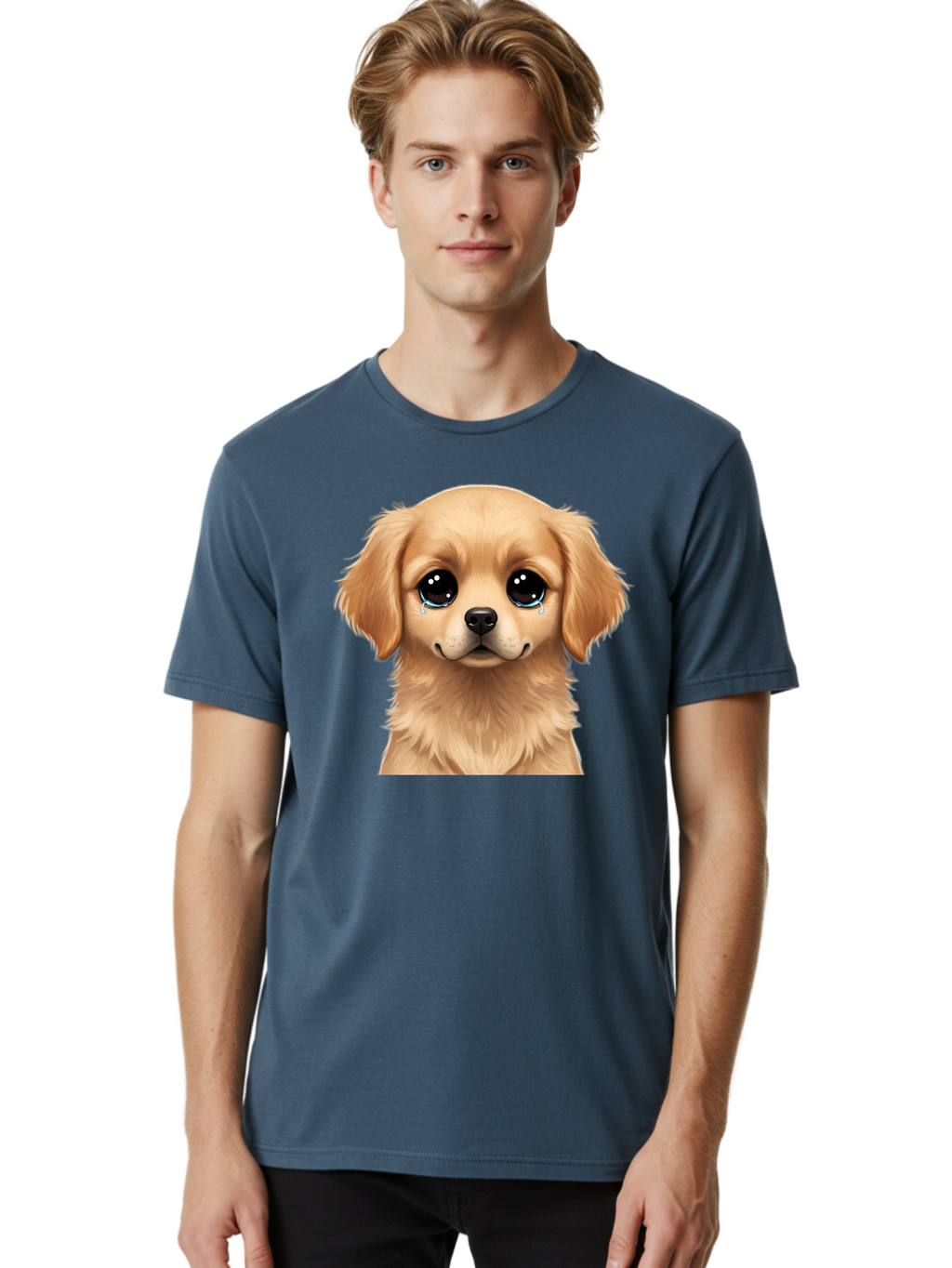Crying-Puppy Men'S Graphic Tee, 100% Cotton, Comfortable Casual Summer Wear, Machine Washable, Sad Puppy, Crying Dog, Puppy Face, Sad Eyes, Dog Tears, Sorrowful Puppy, Adorable Puppy, Cute Dog, Dog Emotions Bab830