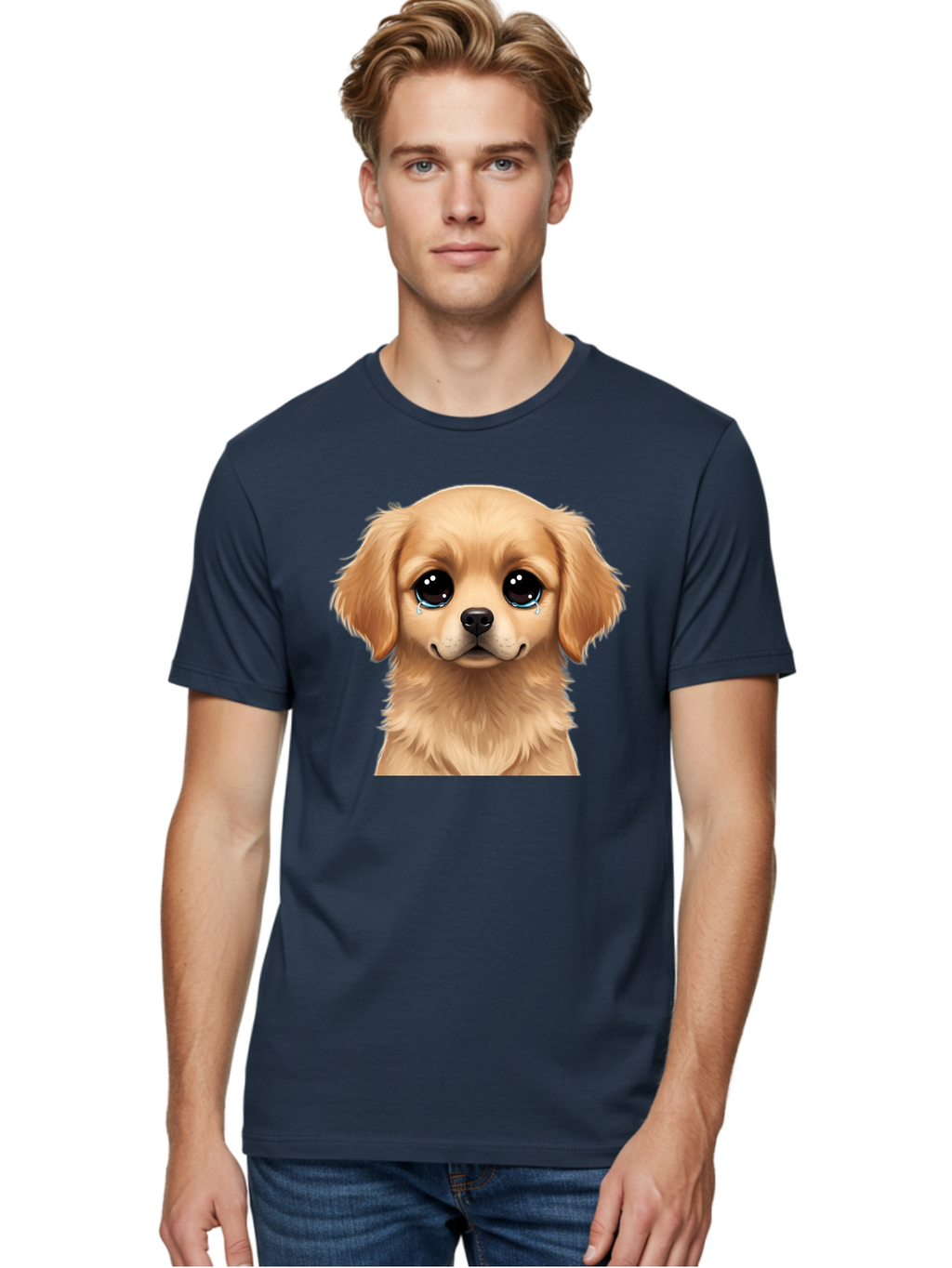 Crying-Puppy Men'S Graphic Tee, 100% Cotton, Comfortable Casual Summer Wear, Machine Washable, Sad Puppy, Crying Dog, Puppy Face, Sad Eyes, Dog Tears, Sorrowful Puppy, Adorable Puppy, Cute Dog, Dog Emotions Bab830