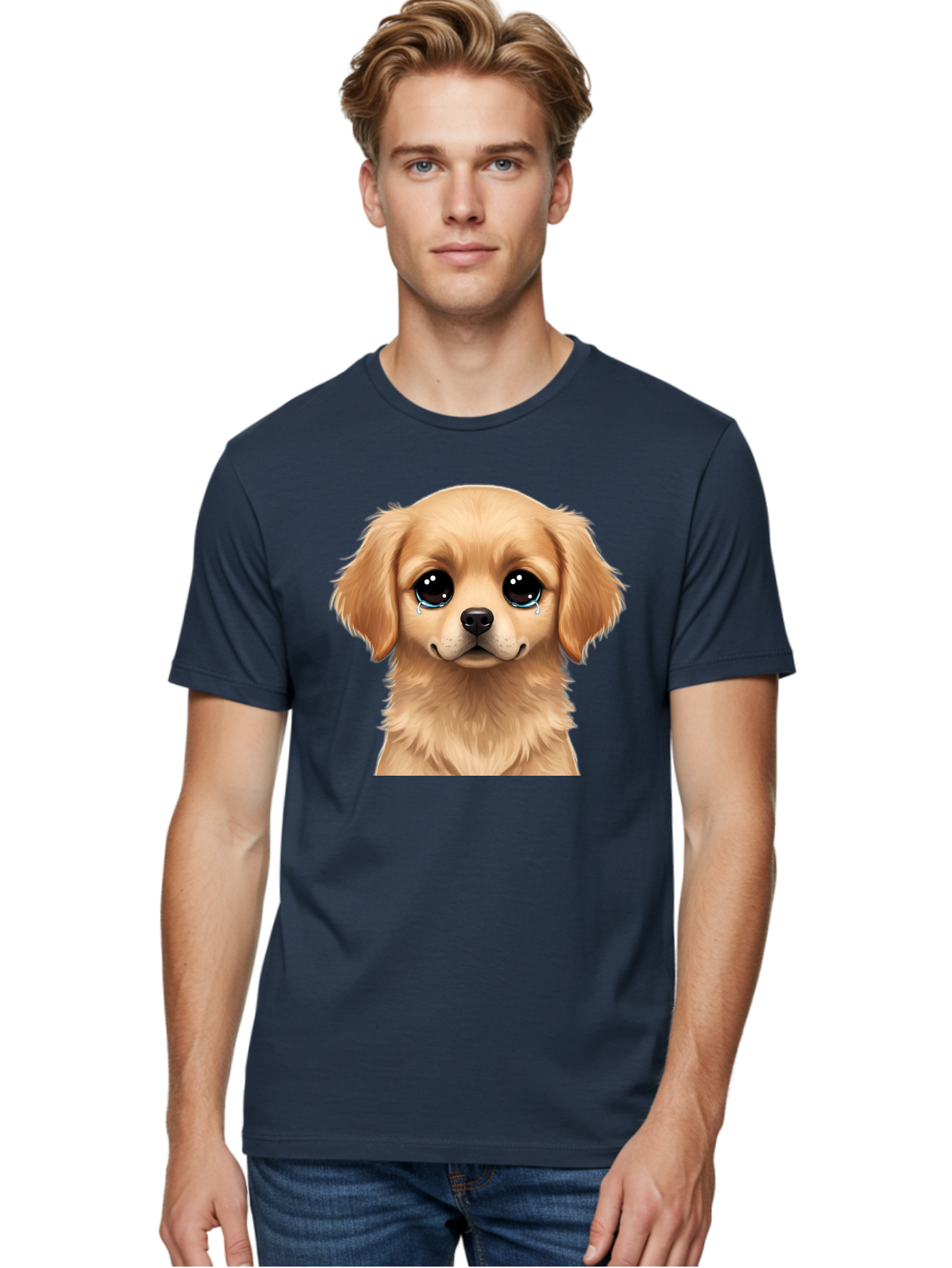 Crying-Puppy Men'S Graphic Tee, 100% Cotton, Comfortable Casual Summer Wear, Machine Washable, Sad Puppy, Crying Dog, Puppy Face, Sad Eyes, Dog Tears, Sorrowful Puppy, Adorable Puppy, Cute Dog, Dog Emotions Bab830