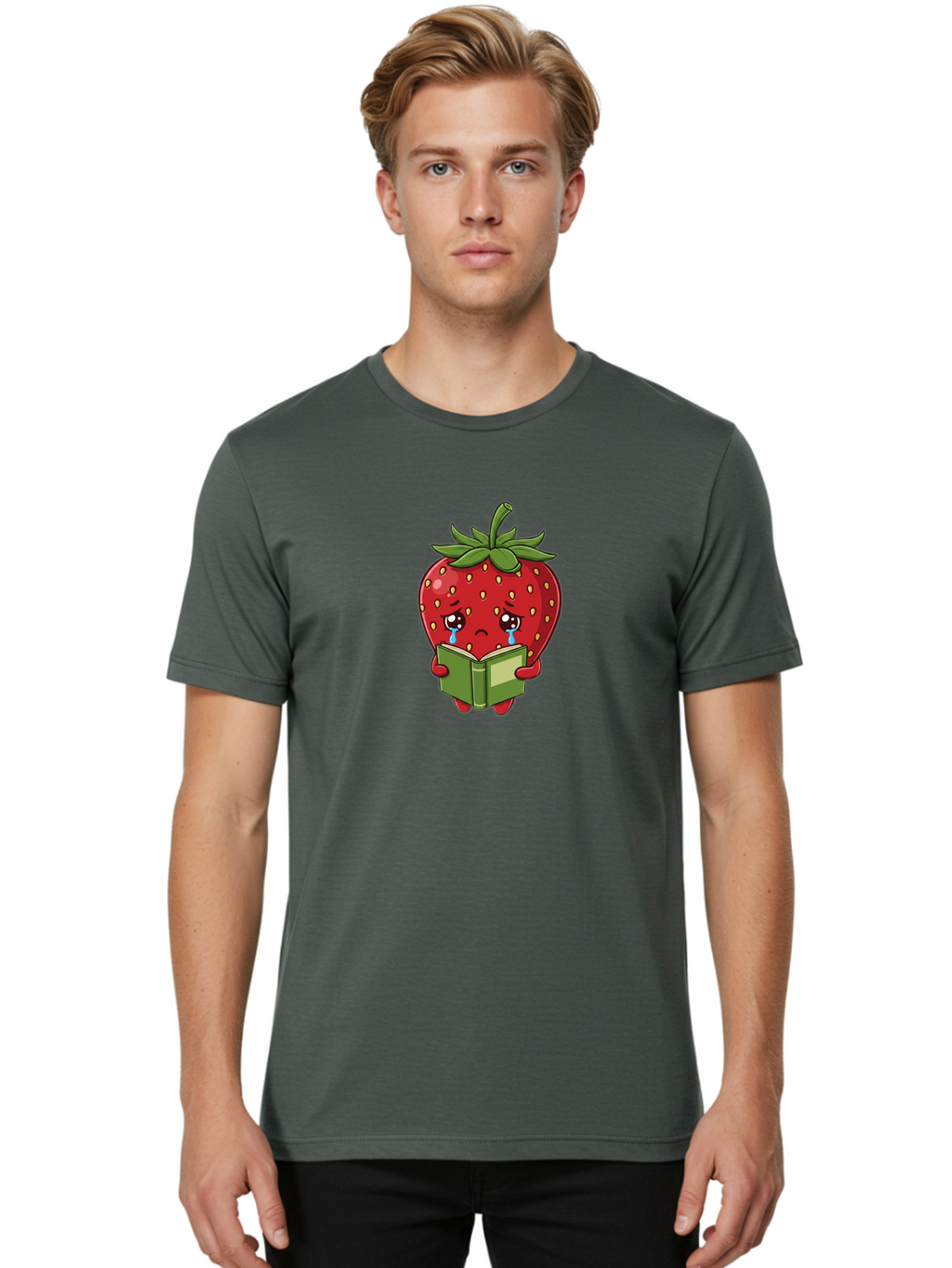 Crying-Strawberry Men'S Graphic Tee, 100% Cotton, Comfortable Casual Summer Wear, Machine Washable, Sad Strawberry, Crying While Reading, Emotional Fruit, Cartoon Character, Green Book, Tears Streaming Down, Sorrowful Expression, Bab831
