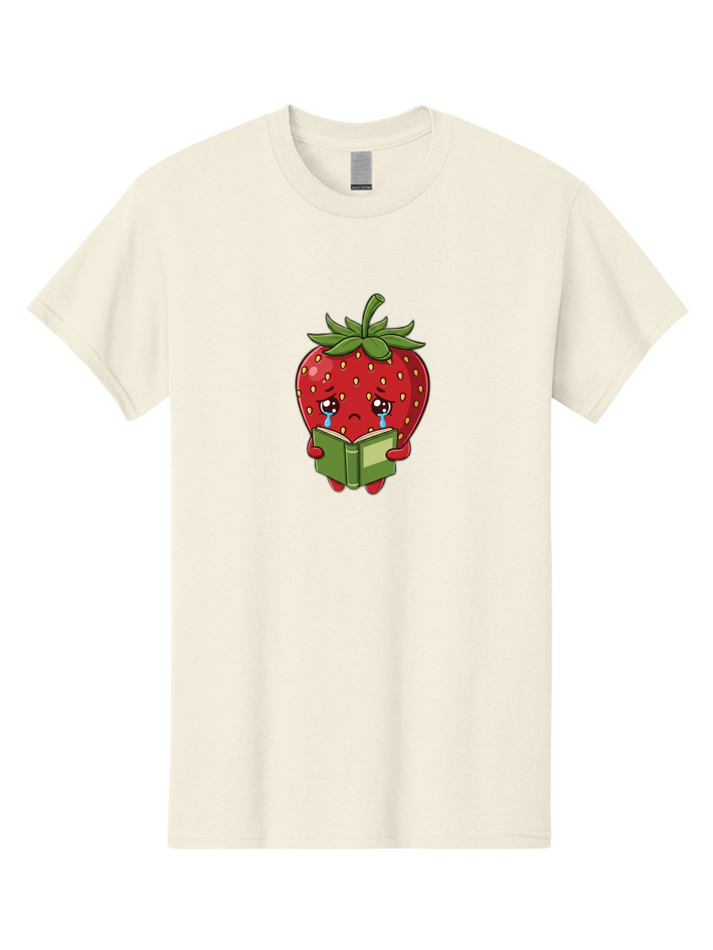 Crying-Strawberry Men'S Graphic Tee, 100% Cotton, Comfortable Casual Summer Wear, Machine Washable, Sad Strawberry, Crying While Reading, Emotional Fruit, Cartoon Character, Green Book, Tears Streaming Down, Sorrowful Expression, Bab831