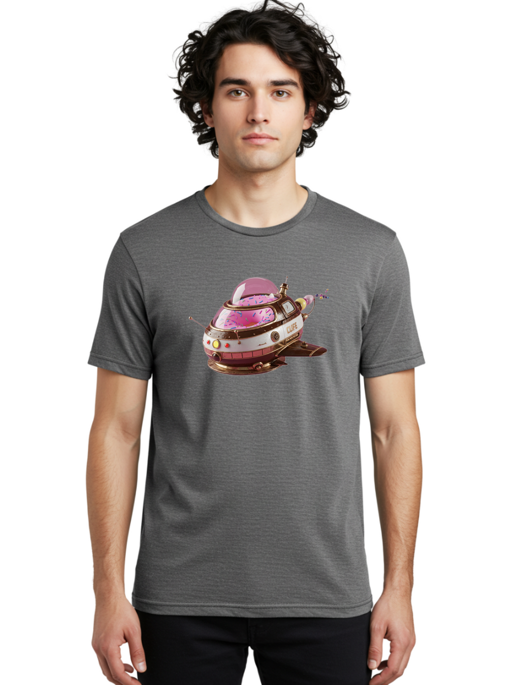 Cufe-Spacecraft Men'S Graphic Tee, 100% Cotton, Comfortable Casual Summer Wear, Machine Washable, Cupcake Spaceship, Futuristic Dessert, Whimsical Design, Sprinkles, Pink Frosting, Retro-Futuristic Style, Cartoonish Charm, Sci-Fi Treat Bab832
