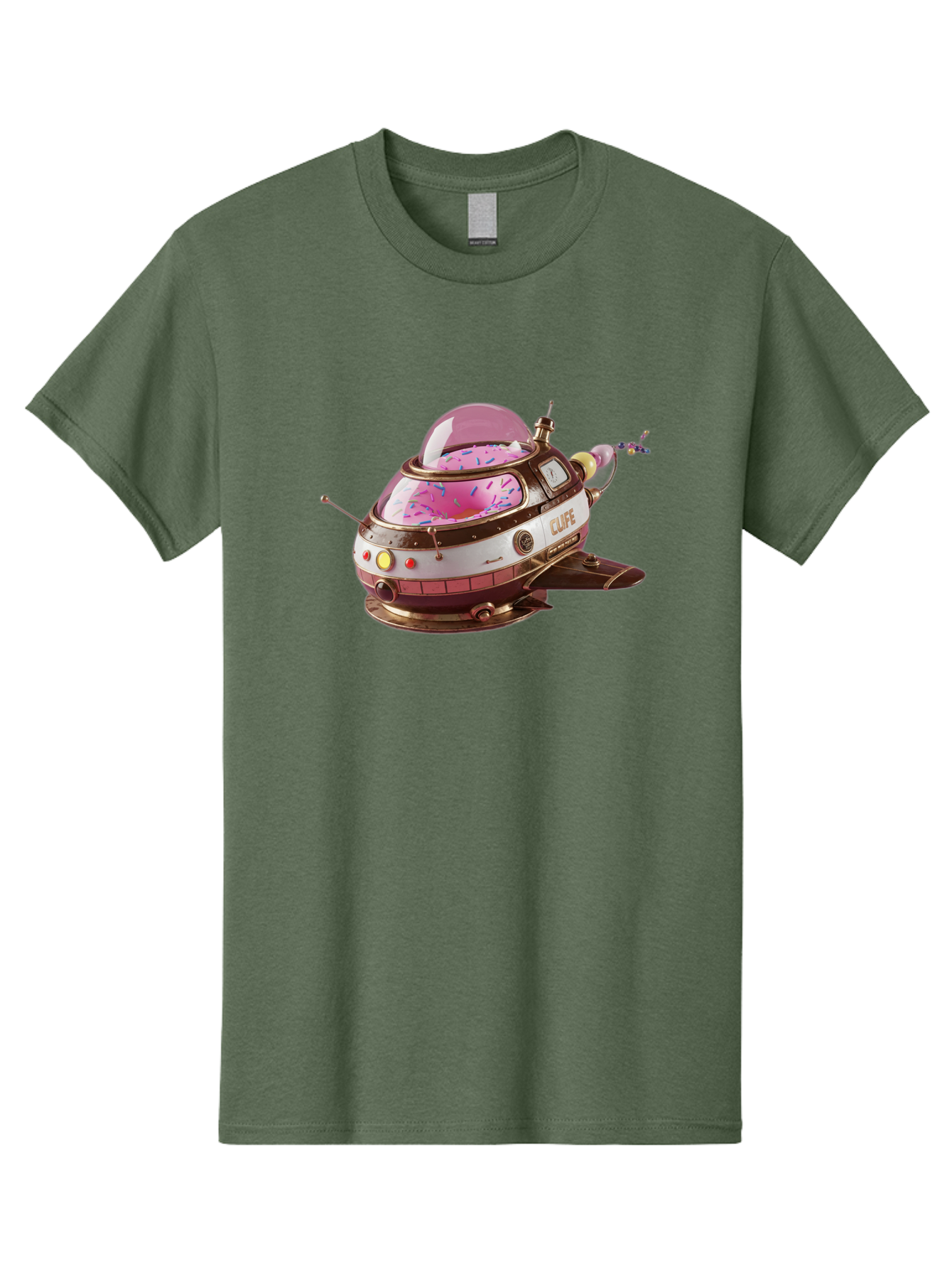 Cufe-Spacecraft Men'S Graphic Tee, 100% Cotton, Comfortable Casual Summer Wear, Machine Washable, Cupcake Spaceship, Futuristic Dessert, Whimsical Design, Sprinkles, Pink Frosting, Retro-Futuristic Style, Cartoonish Charm, Sci-Fi Treat Bab832