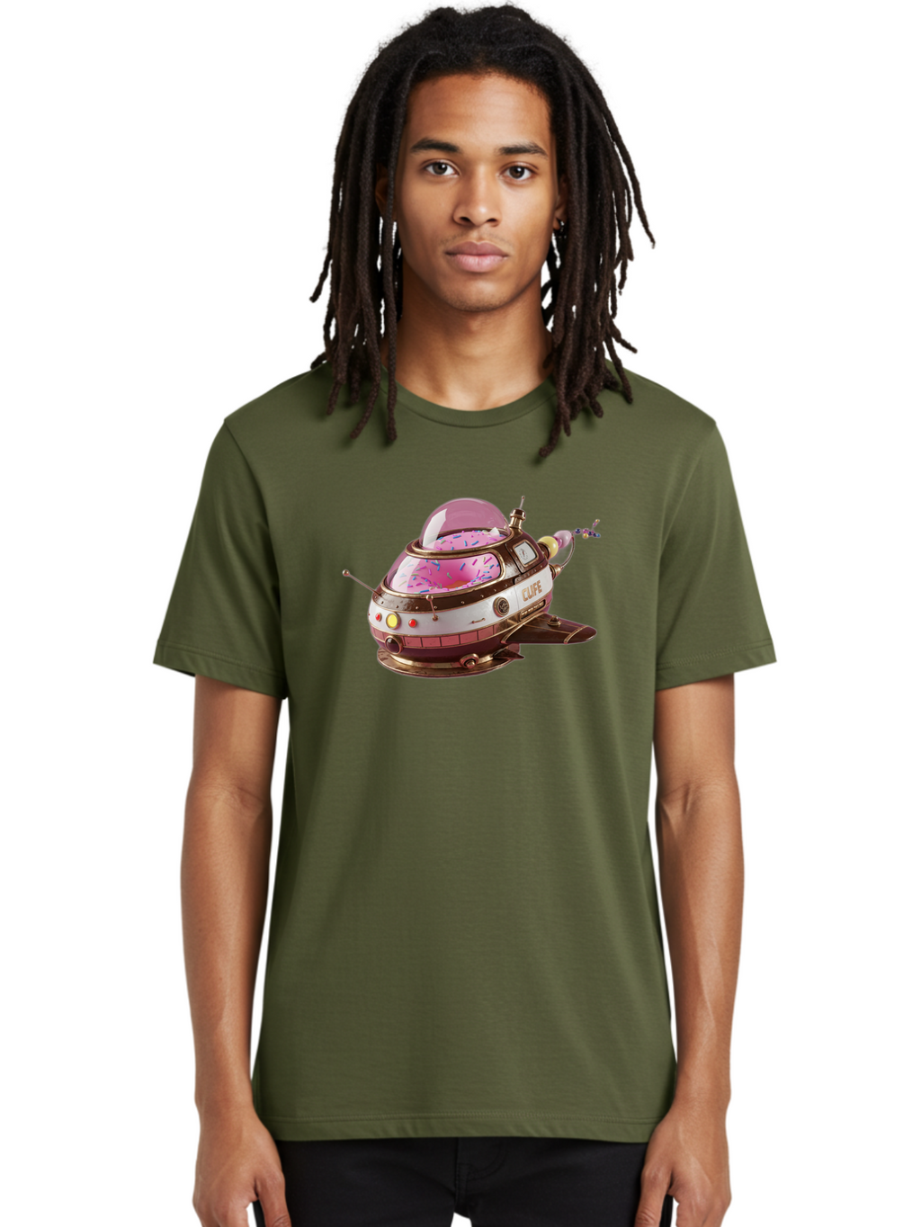 Cufe-Spacecraft Men'S Graphic Tee, 100% Cotton, Comfortable Casual Summer Wear, Machine Washable, Cupcake Spaceship, Futuristic Dessert, Whimsical Design, Sprinkles, Pink Frosting, Retro-Futuristic Style, Cartoonish Charm, Sci-Fi Treat Bab832