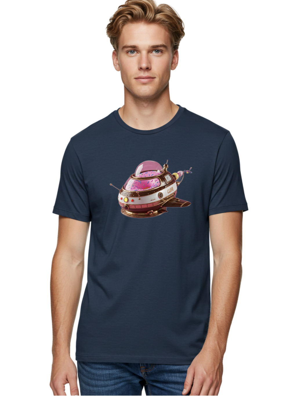 Cufe-Spacecraft Men'S Graphic Tee, 100% Cotton, Comfortable Casual Summer Wear, Machine Washable, Cupcake Spaceship, Futuristic Dessert, Whimsical Design, Sprinkles, Pink Frosting, Retro-Futuristic Style, Cartoonish Charm, Sci-Fi Treat Bab832
