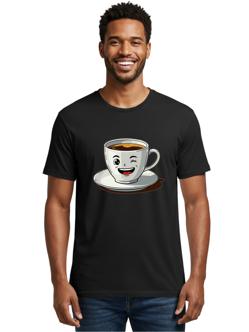 Cup-Of-Coffee-1 Men'S Graphic Tee, 100% Cotton, Comfortable Casual Summer Wear, Machine Washable, Happy Coffee Cup, Smiling Face, Coffee Time, Morning Pick-Me-Up, Caffeinated Beverage, Cartoon Character, Coffee Lover, Funny Illustration, Bab833