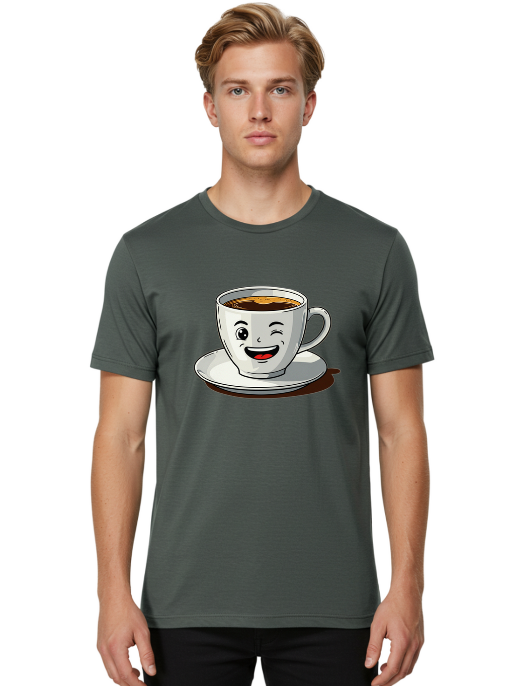 Cup-Of-Coffee-1 Men'S Graphic Tee, 100% Cotton, Comfortable Casual Summer Wear, Machine Washable, Happy Coffee Cup, Smiling Face, Coffee Time, Morning Pick-Me-Up, Caffeinated Beverage, Cartoon Character, Coffee Lover, Funny Illustration, Bab833