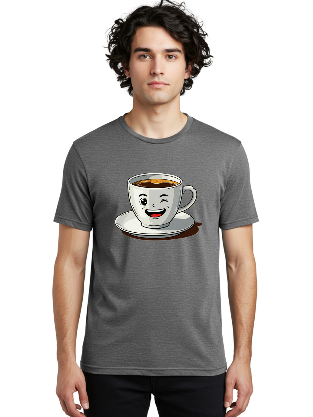 Cup-Of-Coffee-1 Men'S Graphic Tee, 100% Cotton, Comfortable Casual Summer Wear, Machine Washable, Happy Coffee Cup, Smiling Face, Coffee Time, Morning Pick-Me-Up, Caffeinated Beverage, Cartoon Character, Coffee Lover, Funny Illustration, Bab833