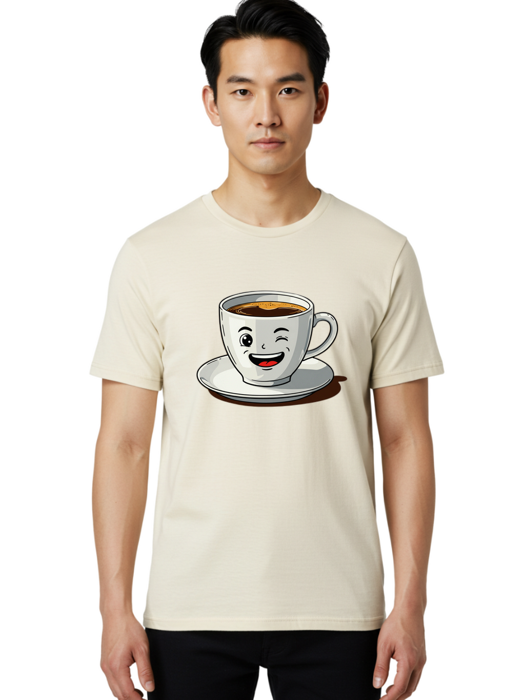 Cup-Of-Coffee-1 Men'S Graphic Tee, 100% Cotton, Comfortable Casual Summer Wear, Machine Washable, Happy Coffee Cup, Smiling Face, Coffee Time, Morning Pick-Me-Up, Caffeinated Beverage, Cartoon Character, Coffee Lover, Funny Illustration, Bab833