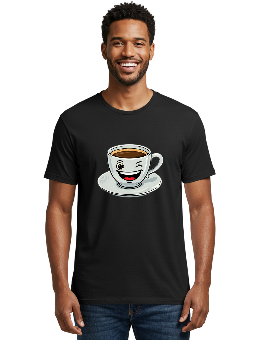 Cup-Of-Coffee Men'S Graphic Tee, 100% Cotton, Comfortable Casual Summer Wear, Machine Washable, Coffee Cup, Cartoon Character, Smiling Face, Happy Expression, Coffee Lover, Morning Pick-Me-Up, Coffee Break, Funny Illustration, Winking Eye Bab840
