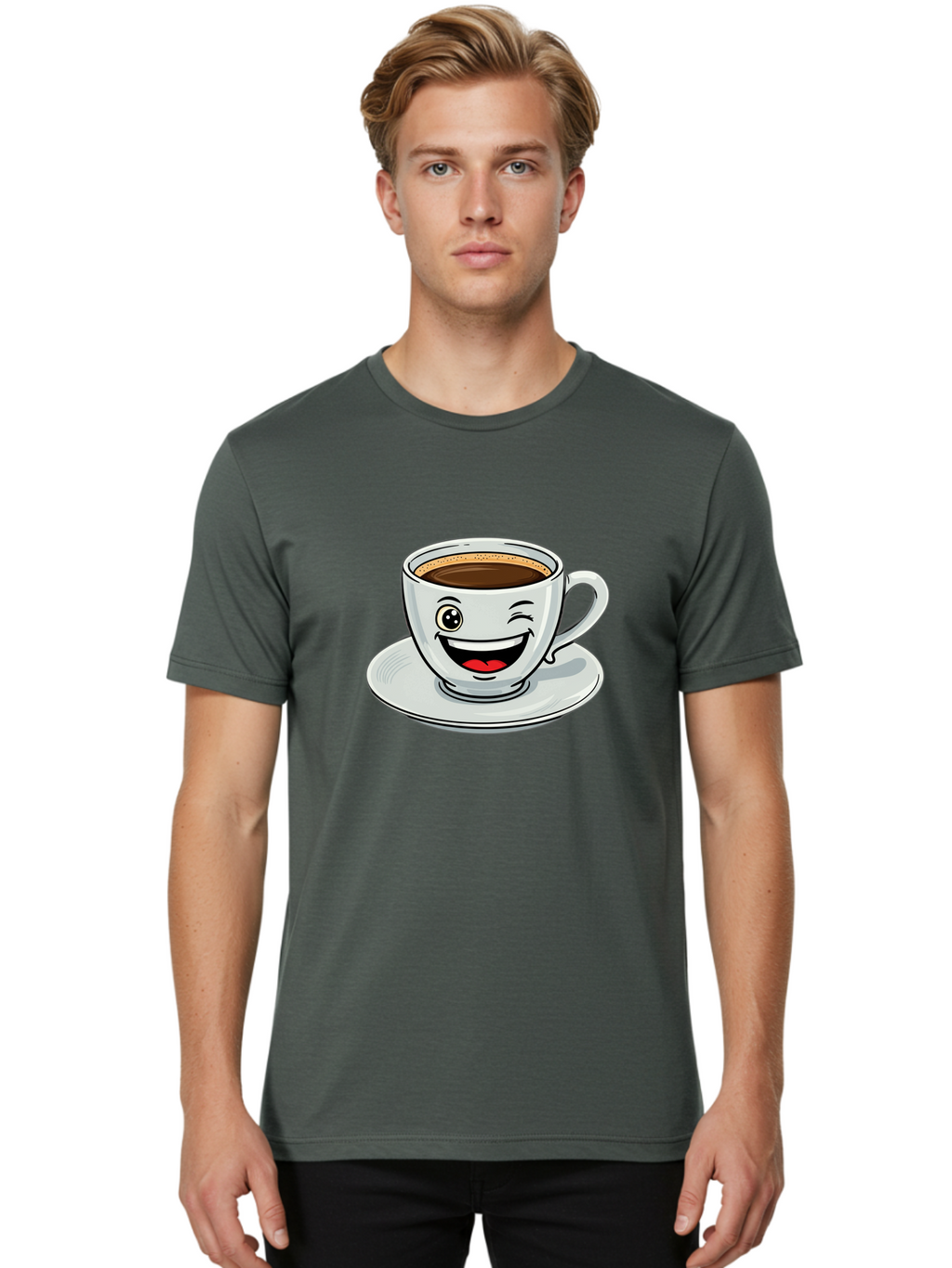 Cup-Of-Coffee Men'S Graphic Tee, 100% Cotton, Comfortable Casual Summer Wear, Machine Washable, Coffee Cup, Cartoon Character, Smiling Face, Happy Expression, Coffee Lover, Morning Pick-Me-Up, Coffee Break, Funny Illustration, Winking Eye Bab840