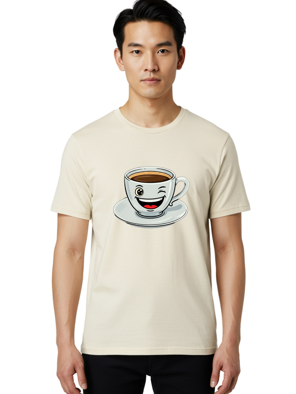 Cup-Of-Coffee Men'S Graphic Tee, 100% Cotton, Comfortable Casual Summer Wear, Machine Washable, Coffee Cup, Cartoon Character, Smiling Face, Happy Expression, Coffee Lover, Morning Pick-Me-Up, Coffee Break, Funny Illustration, Winking Eye Bab840