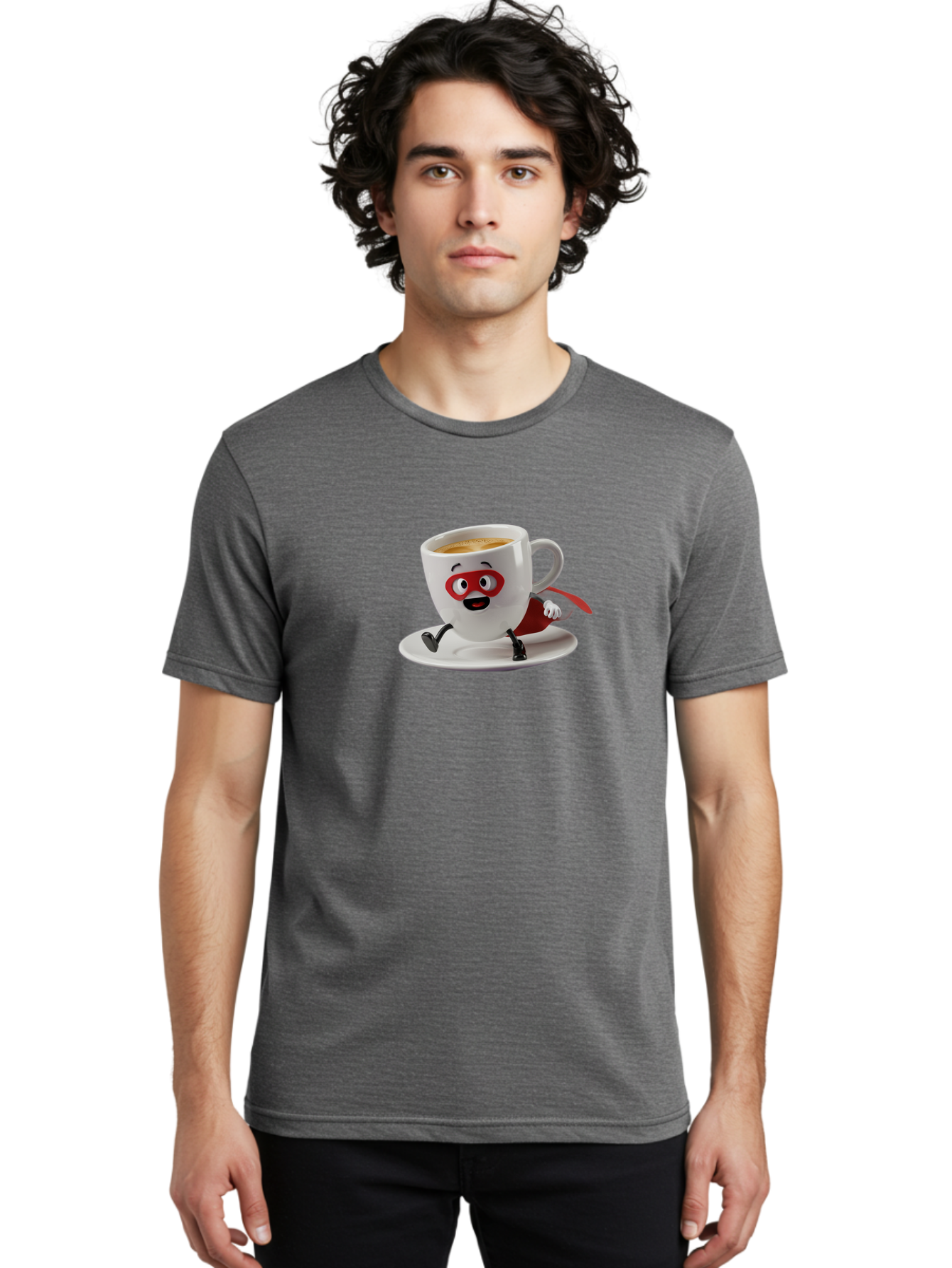 Cup-Superhero Men'S Graphic Tee, 100% Cotton, Comfortable Casual Summer Wear, Machine Washable, Cartoon Coffee Cup, Superhero Theme, Anthropomorphic Design, Red Mask, Cape, Funny Character, Coffee Culture, Cute Illustration Bab842