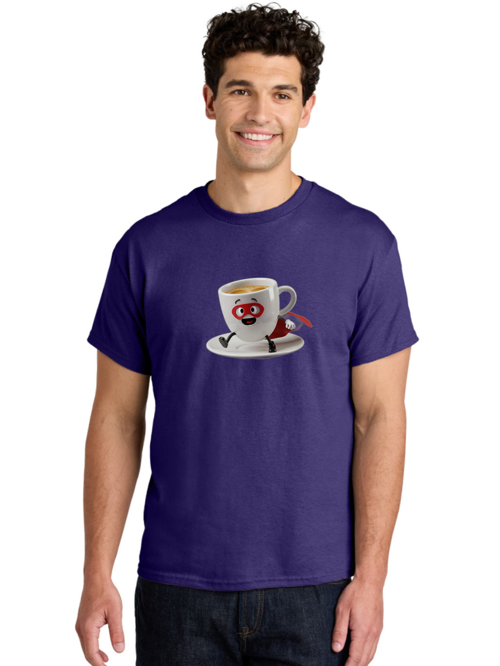 Cup-Superhero Men'S Graphic Tee, 100% Cotton, Comfortable Casual Summer Wear, Machine Washable, Cartoon Coffee Cup, Superhero Theme, Anthropomorphic Design, Red Mask, Cape, Funny Character, Coffee Culture, Cute Illustration Bab842