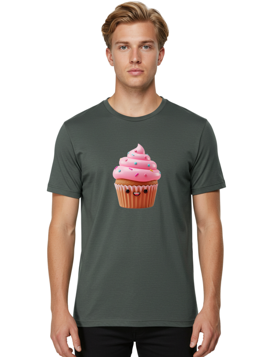 Cupcake Men'S Graphic Tee, 100% Cotton, Comfortable Casual Summer Wear, Machine Washable, Cupcake With Pink Frosting, Sweet Treats, Colorful Sprinkles, Whimsical Design, Happy Face, Dessert Delight, Baked Goods, Cartoon Style Bab843