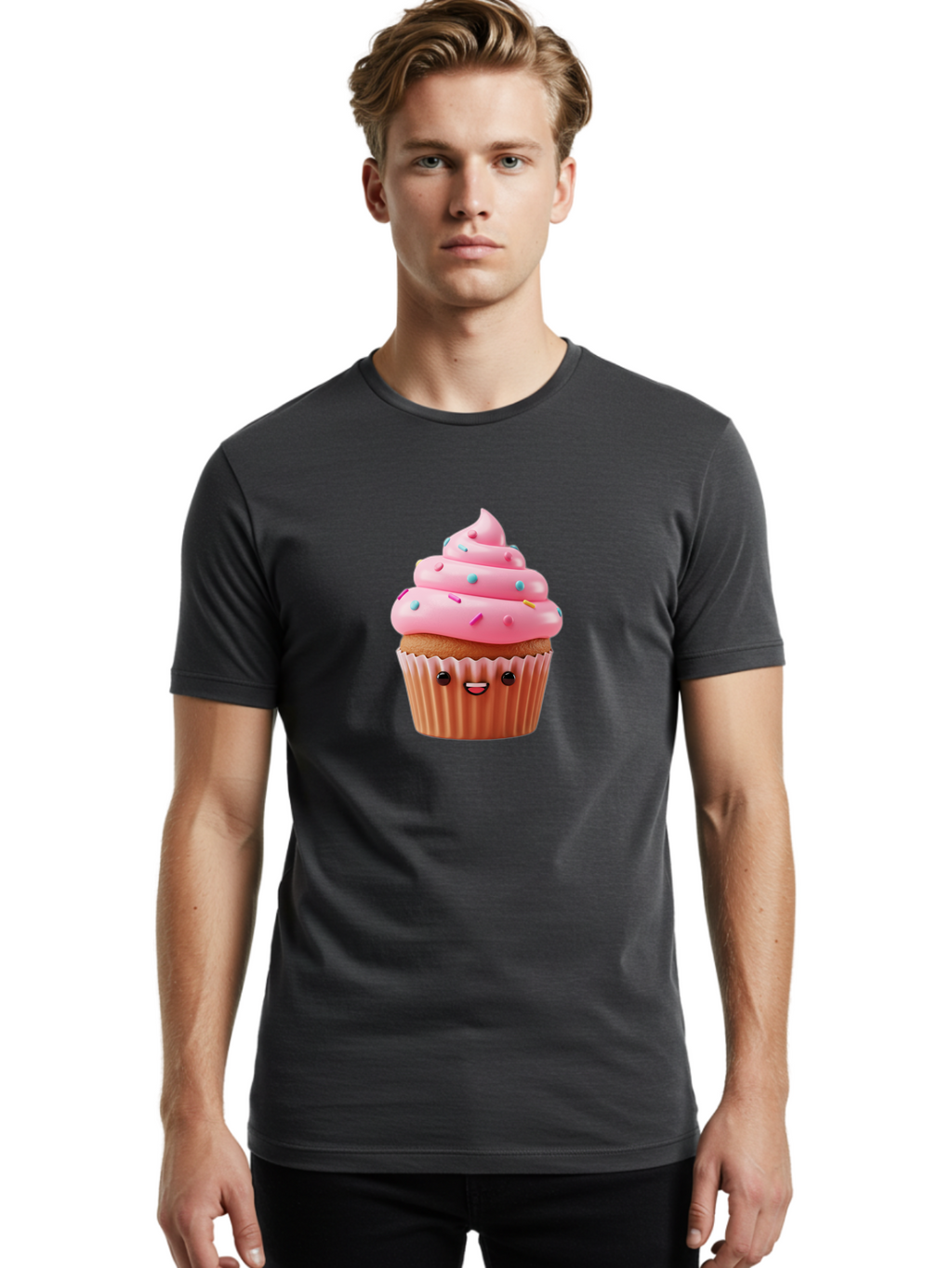 Cupcake Men'S Graphic Tee, 100% Cotton, Comfortable Casual Summer Wear, Machine Washable, Cupcake With Pink Frosting, Sweet Treats, Colorful Sprinkles, Whimsical Design, Happy Face, Dessert Delight, Baked Goods, Cartoon Style Bab843