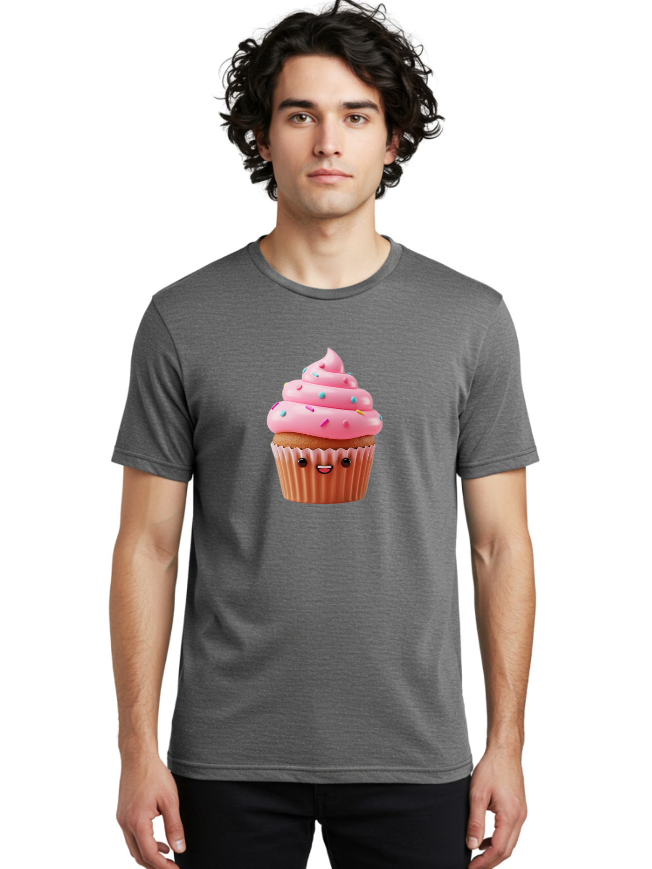 Cupcake Men'S Graphic Tee, 100% Cotton, Comfortable Casual Summer Wear, Machine Washable, Cupcake With Pink Frosting, Sweet Treats, Colorful Sprinkles, Whimsical Design, Happy Face, Dessert Delight, Baked Goods, Cartoon Style Bab843