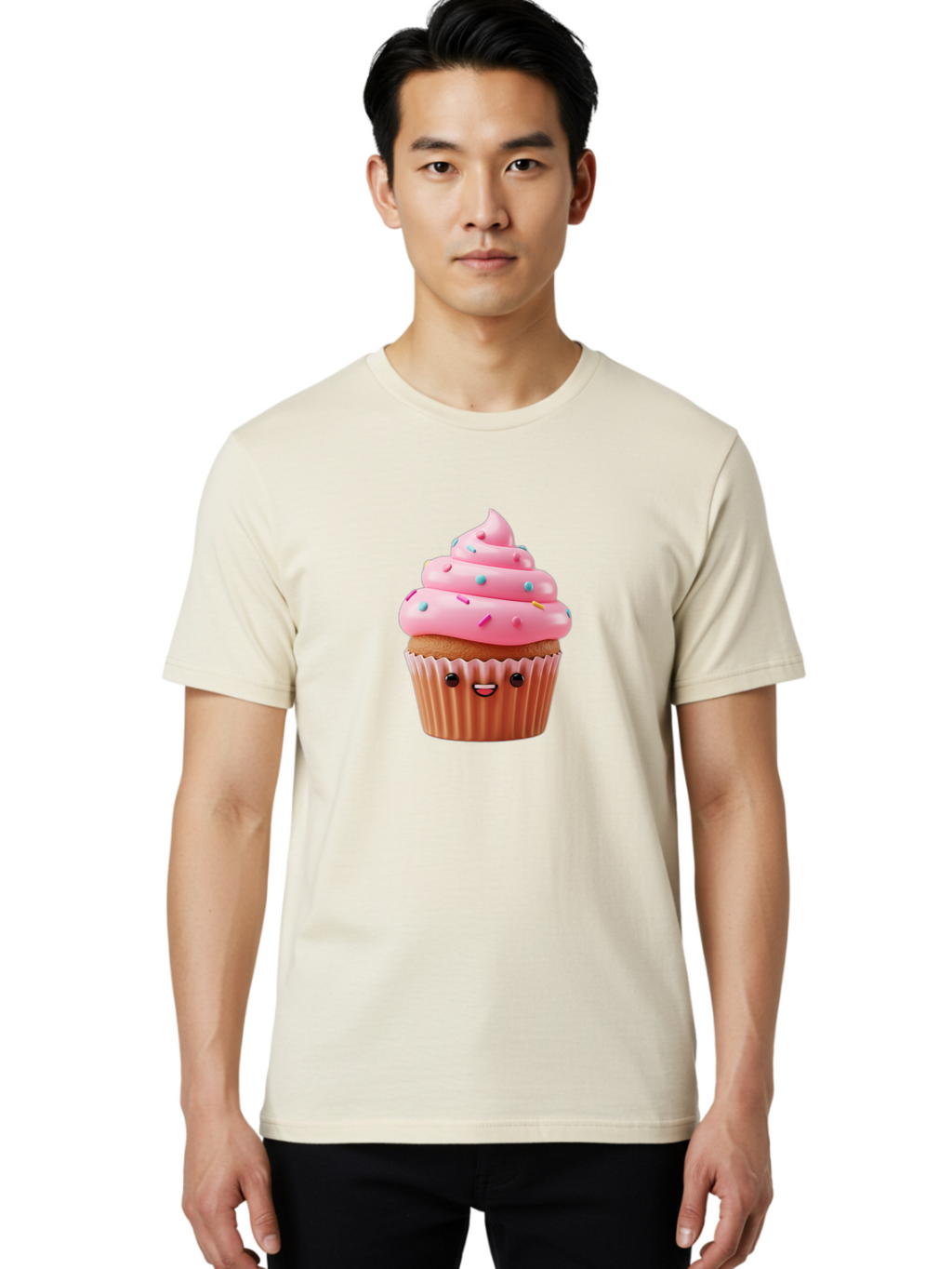Cupcake Men'S Graphic Tee, 100% Cotton, Comfortable Casual Summer Wear, Machine Washable, Cupcake With Pink Frosting, Sweet Treats, Colorful Sprinkles, Whimsical Design, Happy Face, Dessert Delight, Baked Goods, Cartoon Style Bab843