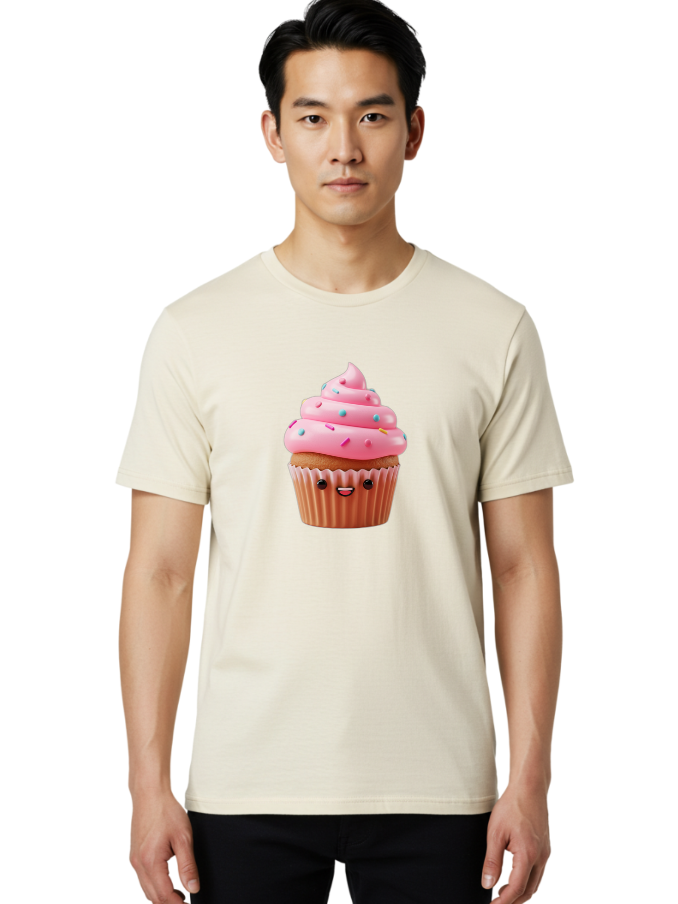 Cupcake Men'S Graphic Tee, 100% Cotton, Comfortable Casual Summer Wear, Machine Washable, Cupcake With Pink Frosting, Sweet Treats, Colorful Sprinkles, Whimsical Design, Happy Face, Dessert Delight, Baked Goods, Cartoon Style Bab843