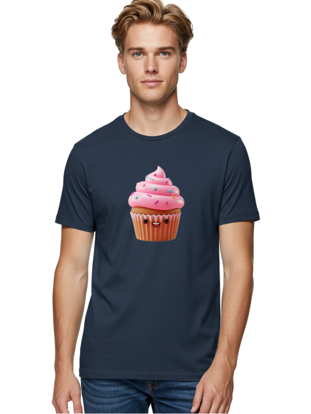 Cupcake Men'S Graphic Tee, 100% Cotton, Comfortable Casual Summer Wear, Machine Washable, Cupcake With Pink Frosting, Sweet Treats, Colorful Sprinkles, Whimsical Design, Happy Face, Dessert Delight, Baked Goods, Cartoon Style Bab843