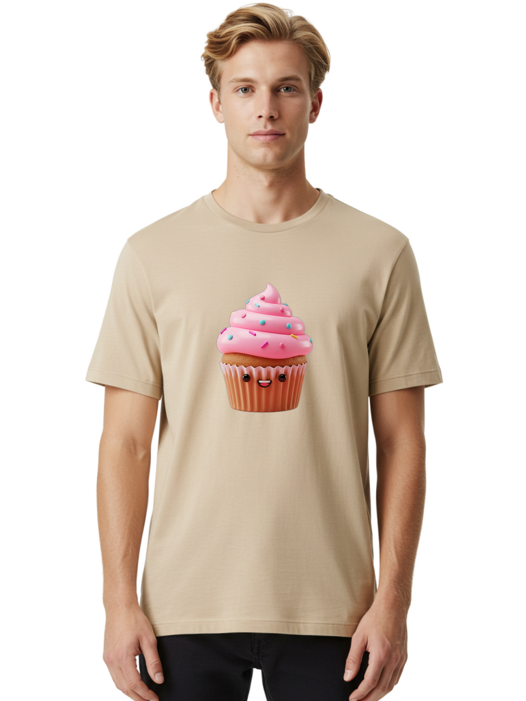 Cupcake Men'S Graphic Tee, 100% Cotton, Comfortable Casual Summer Wear, Machine Washable, Cupcake With Pink Frosting, Sweet Treats, Colorful Sprinkles, Whimsical Design, Happy Face, Dessert Delight, Baked Goods, Cartoon Style Bab843