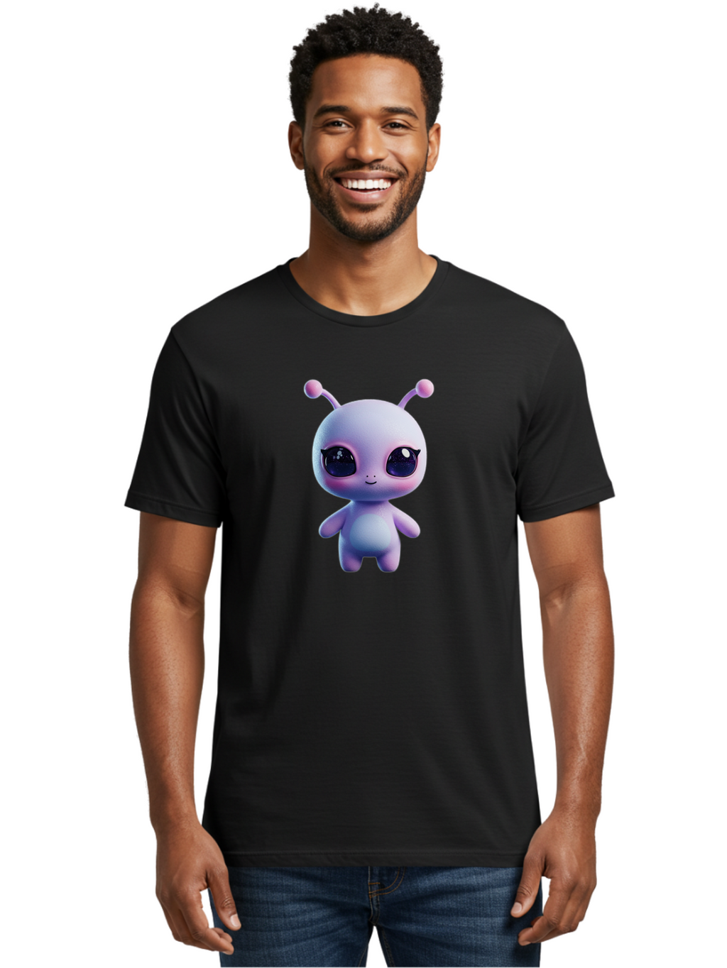 Cute-Alien-Character Men'S Graphic Tee, 100% Cotton, Comfortable Casual Summer Wear, Machine Washable, Alien Character, Cartoon Style, Cute Eyes, Big Eyes, Smiling Face, 3D Rendering, Fantasy Creature, Adorable Being, Purple Hue, Bab844