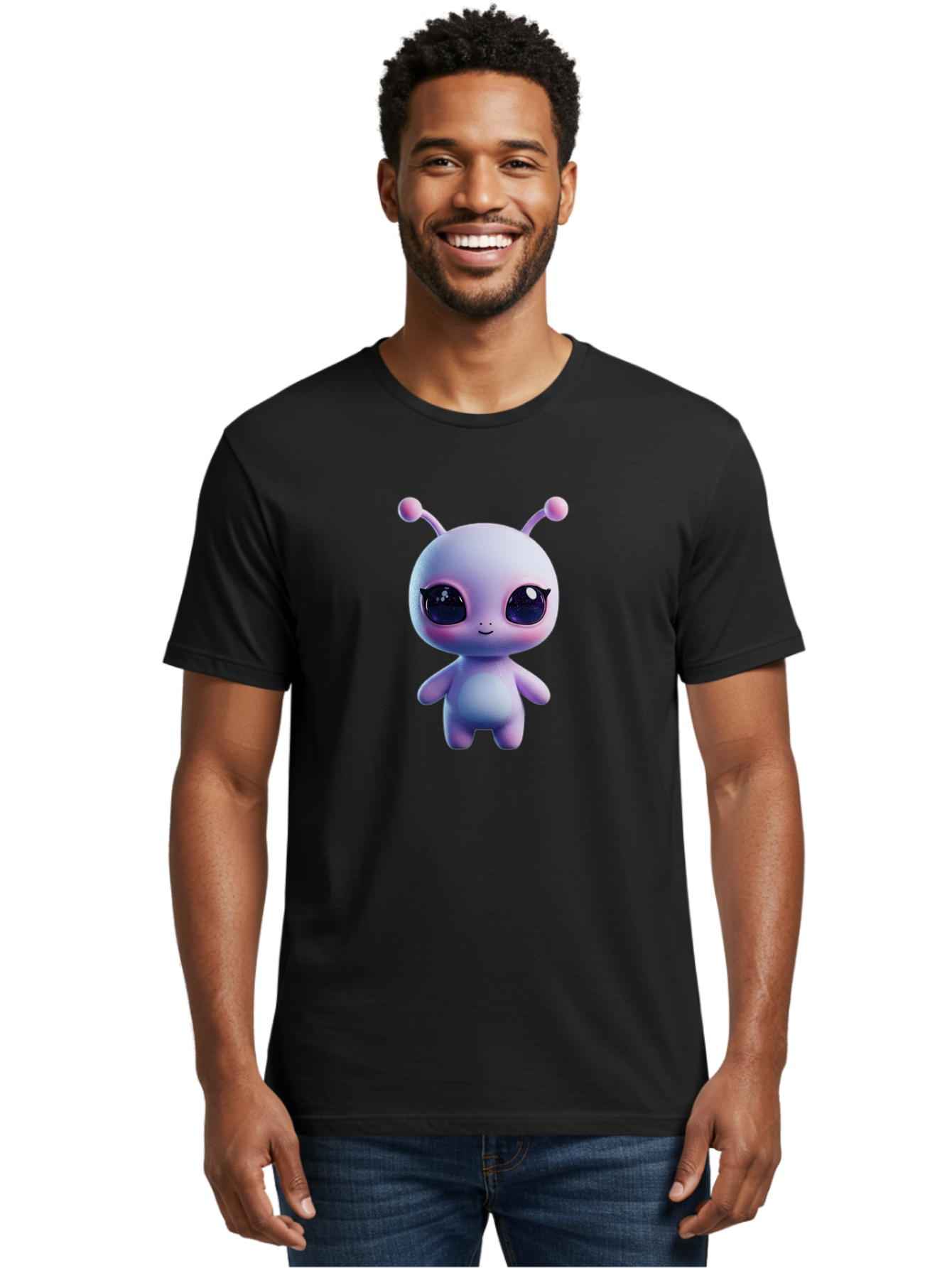Cute-Alien-Character Men'S Graphic Tee, 100% Cotton, Comfortable Casual Summer Wear, Machine Washable, Alien Character, Cartoon Style, Cute Eyes, Big Eyes, Smiling Face, 3D Rendering, Fantasy Creature, Adorable Being, Purple Hue, Bab844