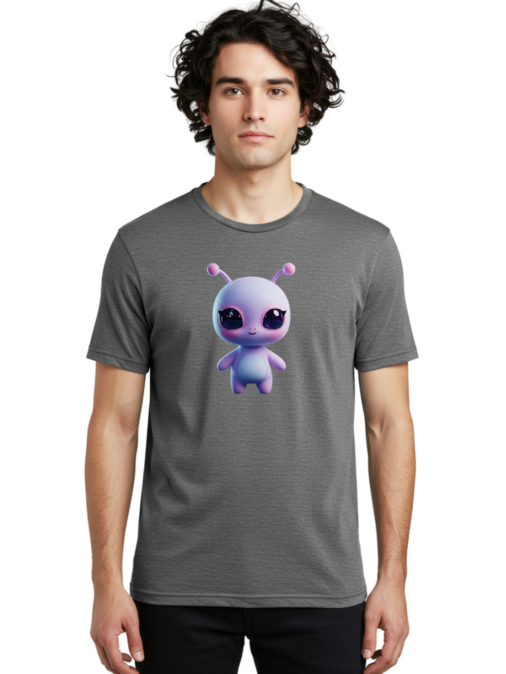 Cute-Alien-Character Men'S Graphic Tee, 100% Cotton, Comfortable Casual Summer Wear, Machine Washable, Alien Character, Cartoon Style, Cute Eyes, Big Eyes, Smiling Face, 3D Rendering, Fantasy Creature, Adorable Being, Purple Hue, Bab844
