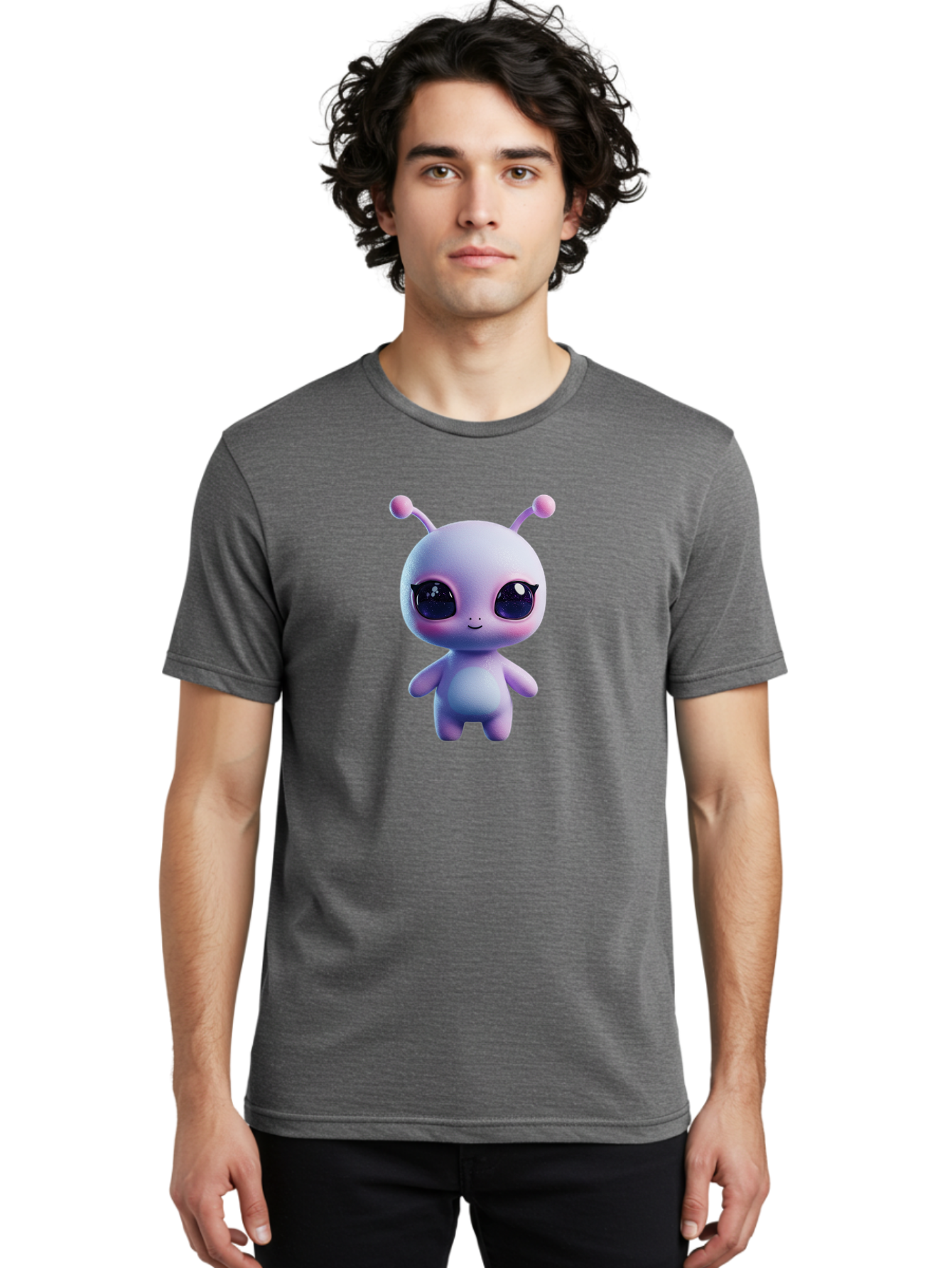 Cute-Alien-Character Men'S Graphic Tee, 100% Cotton, Comfortable Casual Summer Wear, Machine Washable, Alien Character, Cartoon Style, Cute Eyes, Big Eyes, Smiling Face, 3D Rendering, Fantasy Creature, Adorable Being, Purple Hue, Bab844