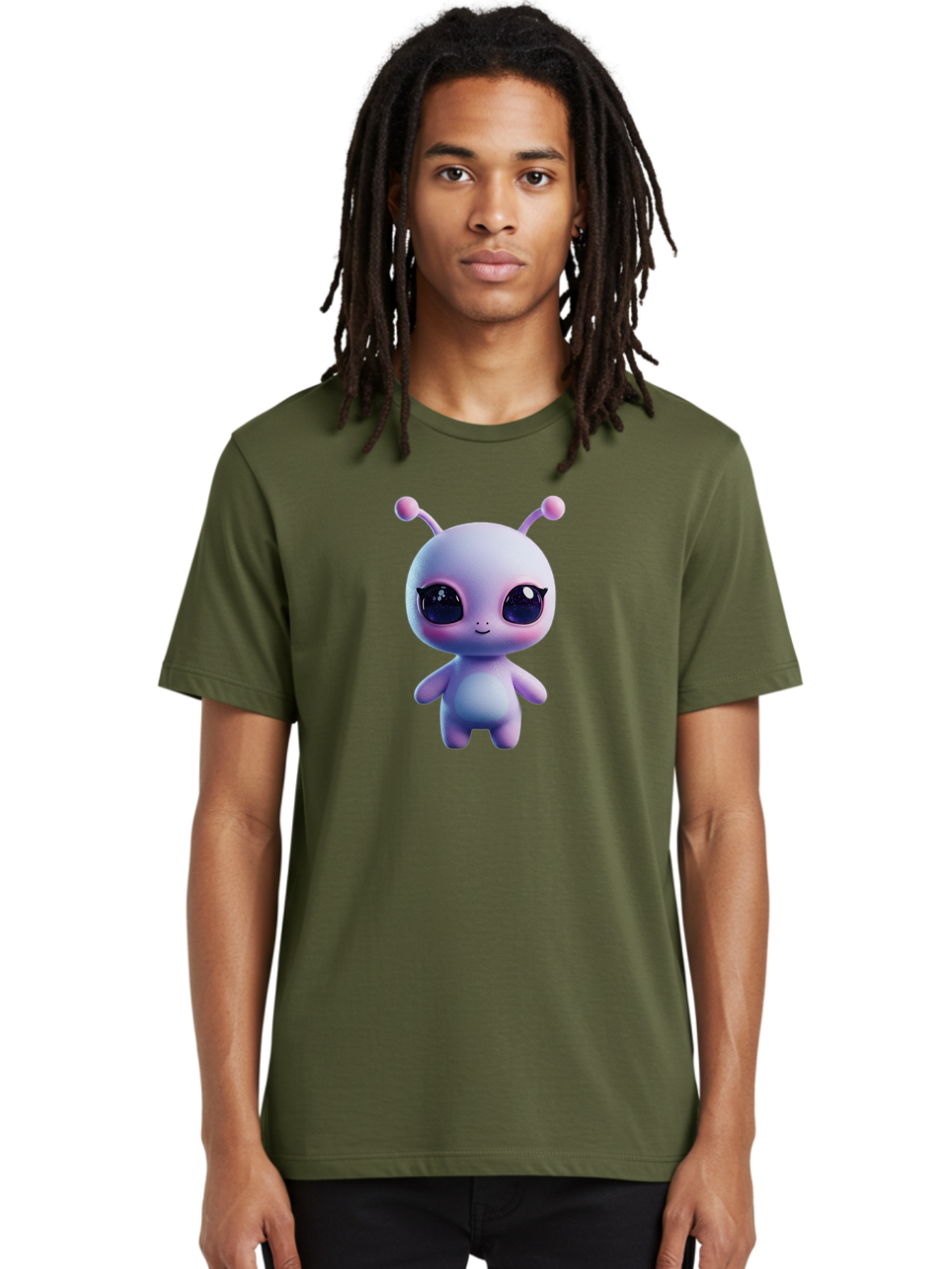 Cute-Alien-Character Men'S Graphic Tee, 100% Cotton, Comfortable Casual Summer Wear, Machine Washable, Alien Character, Cartoon Style, Cute Eyes, Big Eyes, Smiling Face, 3D Rendering, Fantasy Creature, Adorable Being, Purple Hue, Bab844