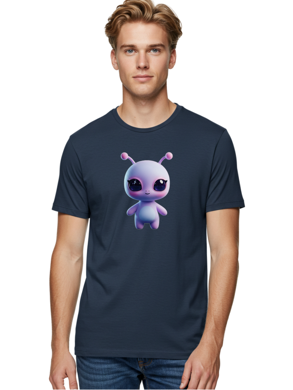 Cute-Alien-Character Men'S Graphic Tee, 100% Cotton, Comfortable Casual Summer Wear, Machine Washable, Alien Character, Cartoon Style, Cute Eyes, Big Eyes, Smiling Face, 3D Rendering, Fantasy Creature, Adorable Being, Purple Hue, Bab844