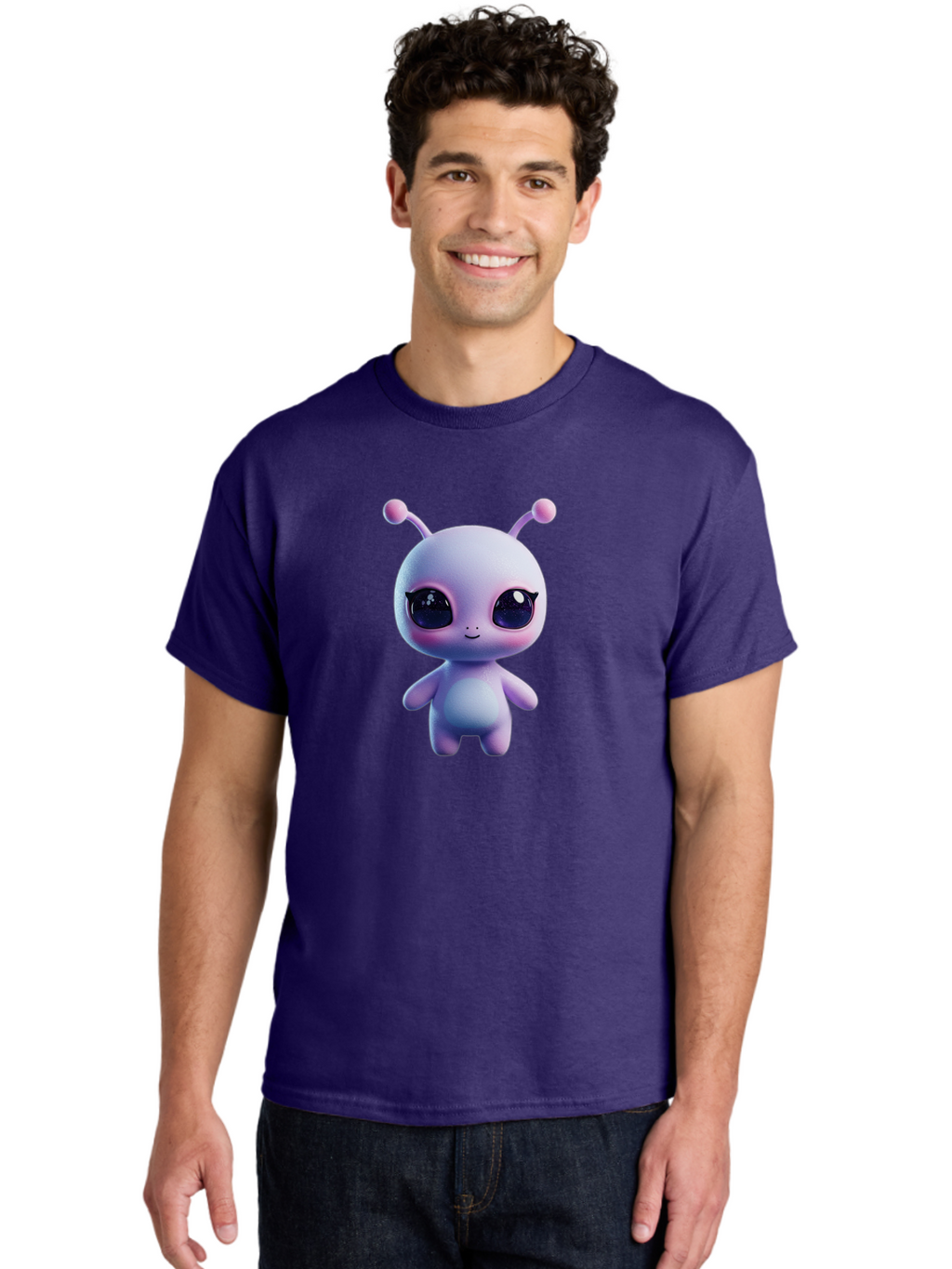 Cute-Alien-Character Men'S Graphic Tee, 100% Cotton, Comfortable Casual Summer Wear, Machine Washable, Alien Character, Cartoon Style, Cute Eyes, Big Eyes, Smiling Face, 3D Rendering, Fantasy Creature, Adorable Being, Purple Hue, Bab844
