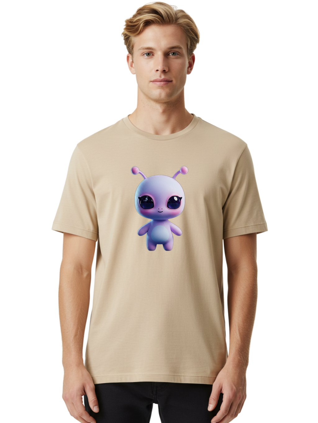 Cute-Alien-Character Men'S Graphic Tee, 100% Cotton, Comfortable Casual Summer Wear, Machine Washable, Alien Character, Cartoon Style, Cute Eyes, Big Eyes, Smiling Face, 3D Rendering, Fantasy Creature, Adorable Being, Purple Hue, Bab844