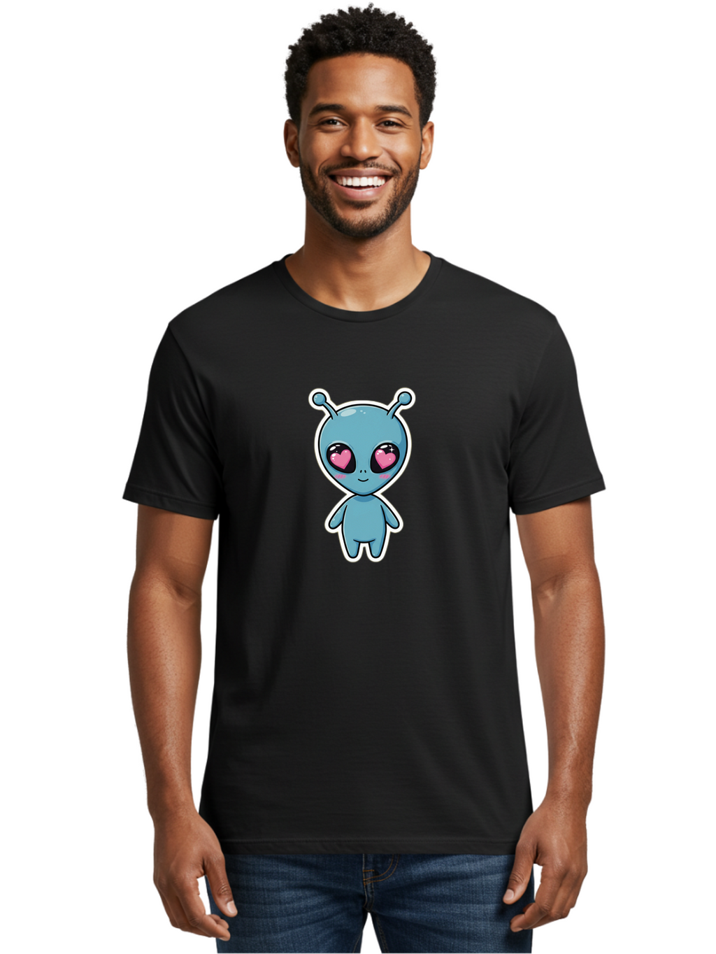 Cute-Alien Men'S Graphic Tee, 100% Cotton, Comfortable Casual Summer Wear, Machine Washable, Cartoon Alien, Cute Extraterrestrial, Blue Creature, Heart Eyes, Pink Irises, Kawaii Character, Alien Illustration, Quirky Design, Adorable Being Bab845