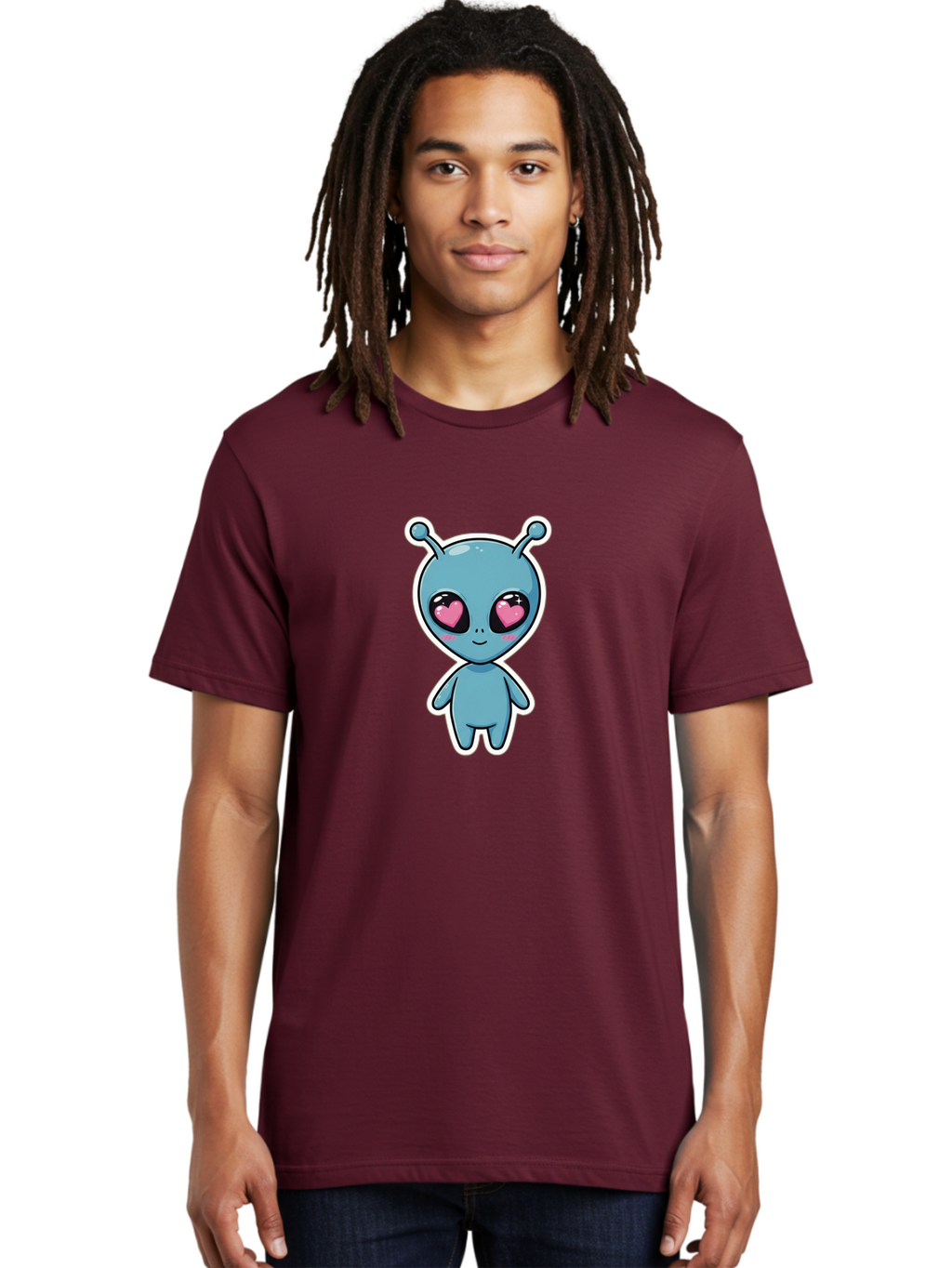 Cute-Alien Men'S Graphic Tee, 100% Cotton, Comfortable Casual Summer Wear, Machine Washable, Cartoon Alien, Cute Extraterrestrial, Blue Creature, Heart Eyes, Pink Irises, Kawaii Character, Alien Illustration, Quirky Design, Adorable Being Bab845
