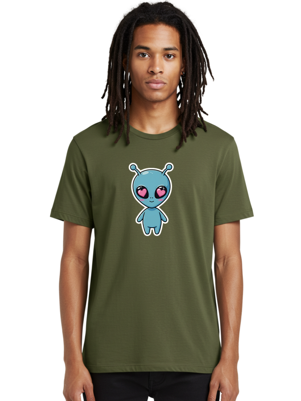 Cute-Alien Men'S Graphic Tee, 100% Cotton, Comfortable Casual Summer Wear, Machine Washable, Cartoon Alien, Cute Extraterrestrial, Blue Creature, Heart Eyes, Pink Irises, Kawaii Character, Alien Illustration, Quirky Design, Adorable Being Bab845