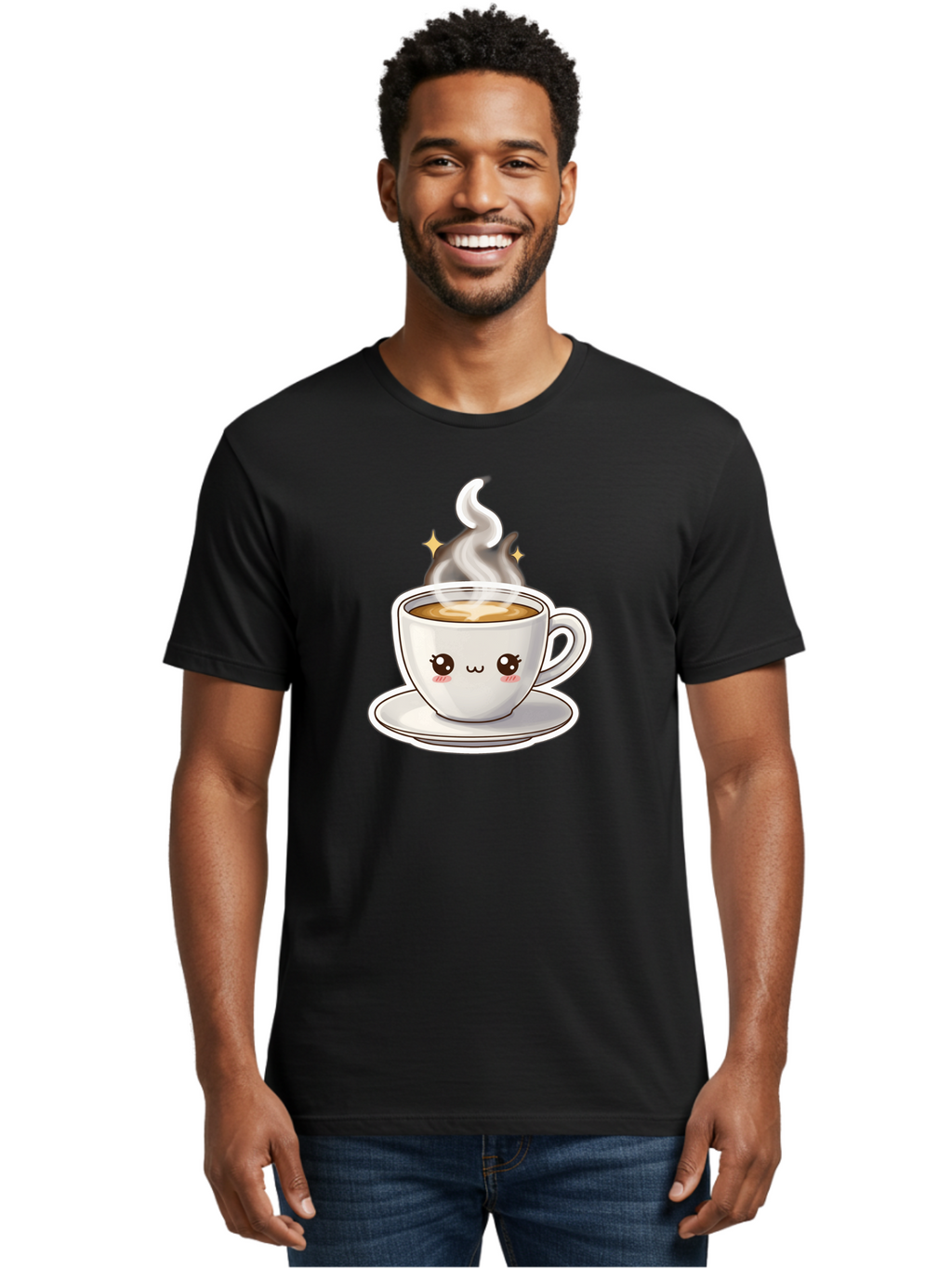 Cute-Coffee-Cup Men'S Graphic Tee, 100% Cotton, Comfortable Casual Summer Wear, Machine Washable, Cute Coffee Cup, Coffee, Coffee Break, Cartoon Character, Steaming Hot Beverage, Kawaii, Morning Pick-Me-Up, Coffee Lover, Happy Face, Espresso Bab846